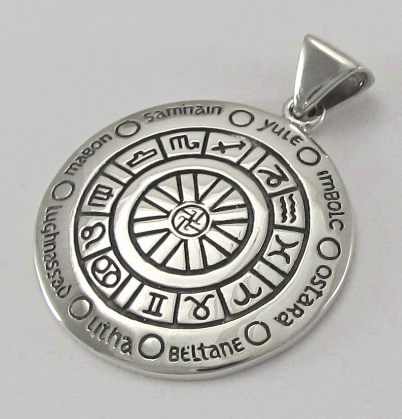Large Sterling Silver Wheel Of The Year wiccan pendant necklace pagan and witch jewelry for men or women.