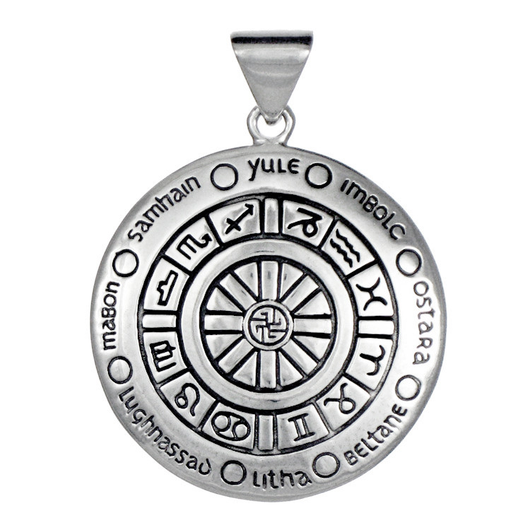 Large Sterling Silver Wheel Of The Year Wiccan Pendant necklace Pagan and Witch Jewelry for men or women.