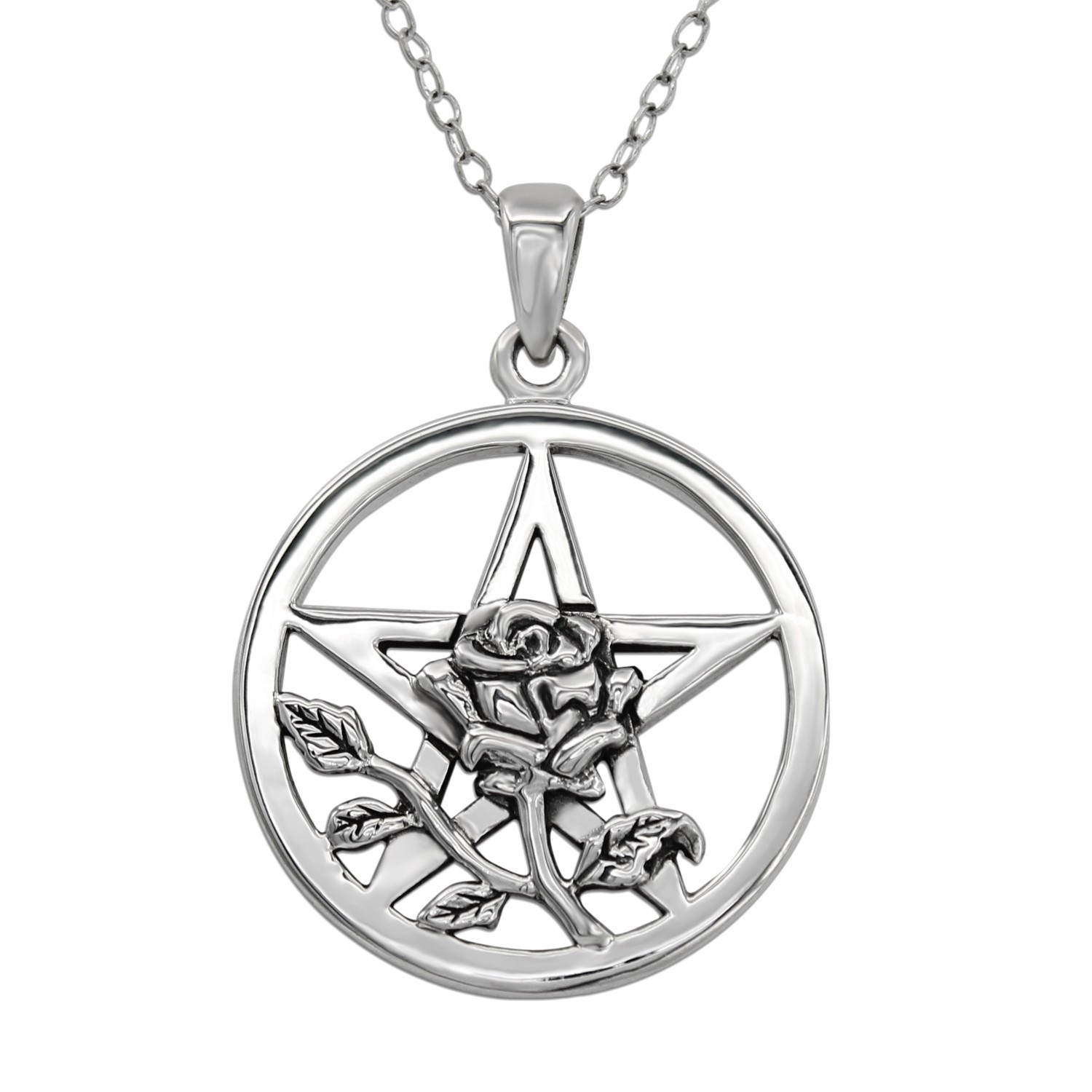 Detailed Rose Pentagram Pendant in 925 Sterling Silver Talisman Necklace