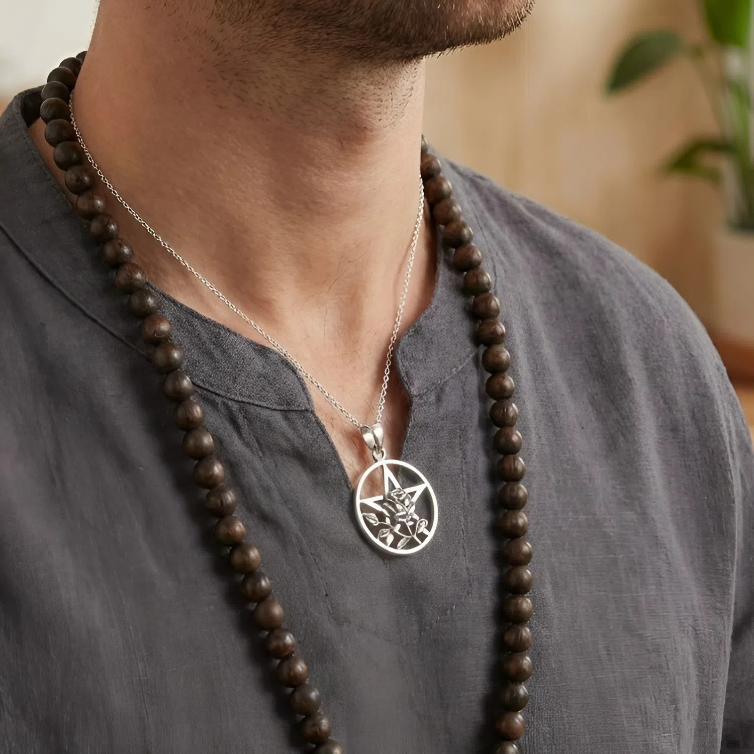 Rose Pentacle Necklace and Silver Pentagram Witchy Talisman Jewelry