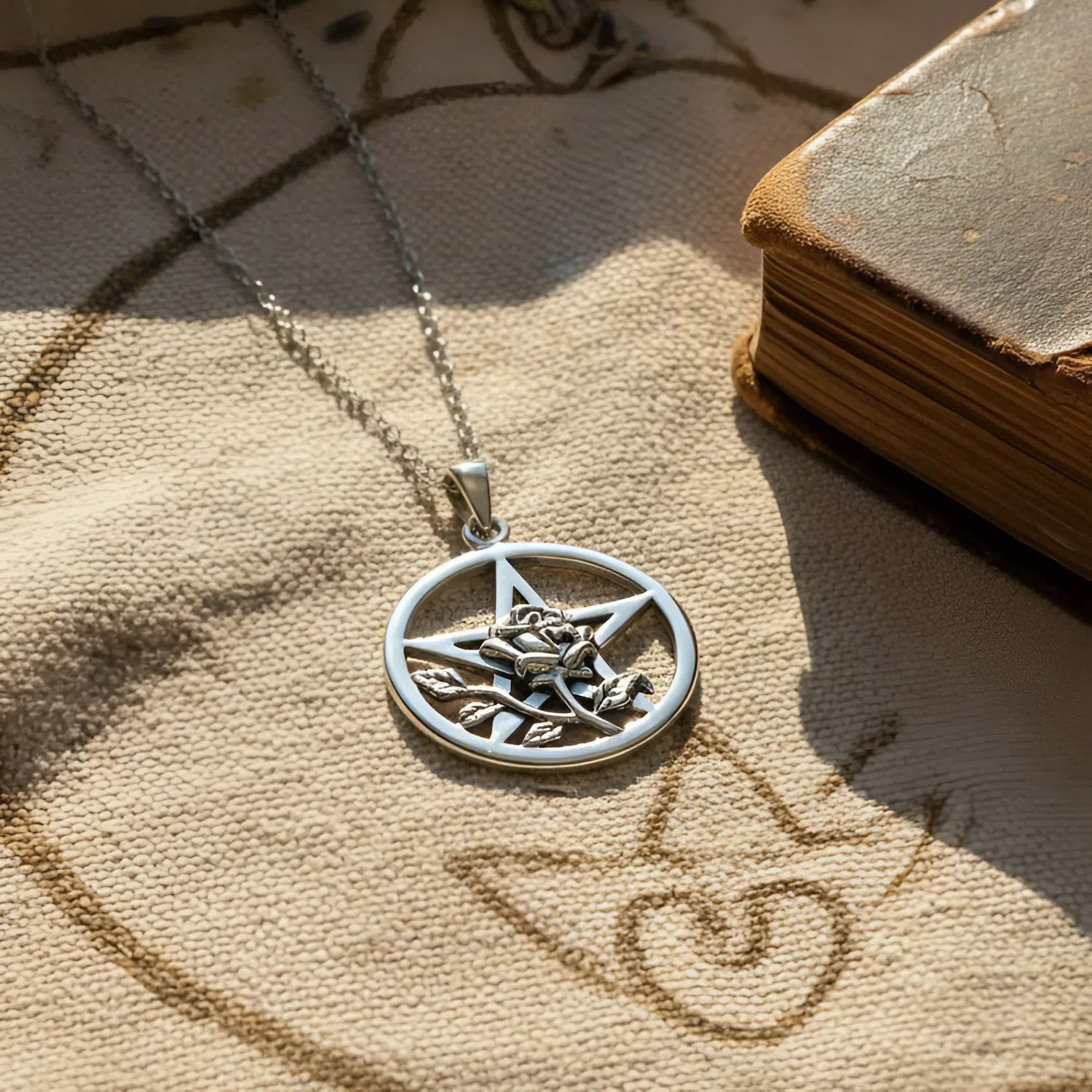 Rose Pentacle Necklace in 925 Sterling Silver Wicca Pentagram Jewelry