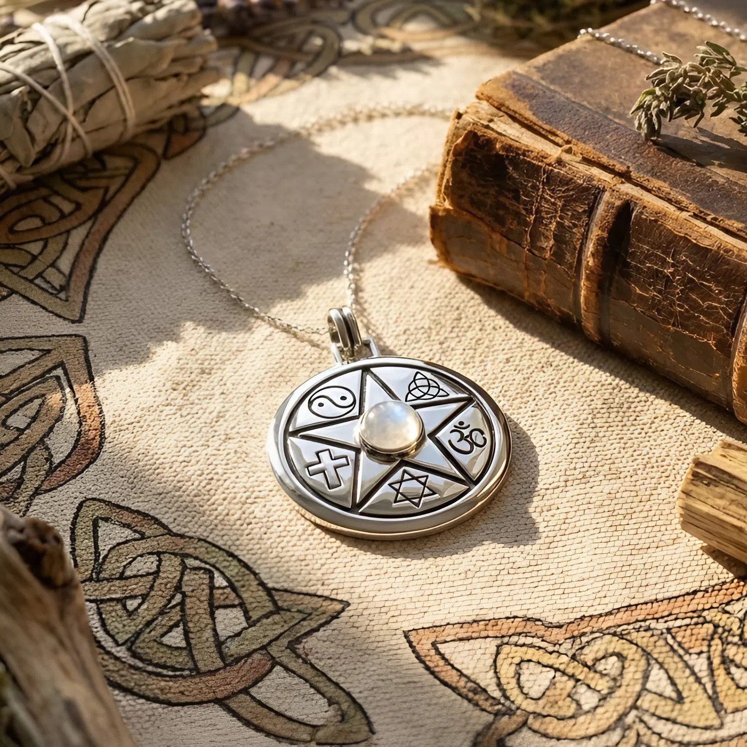 Moonstone Coexist Pentagram Medallion Unitarian Silver Necklace