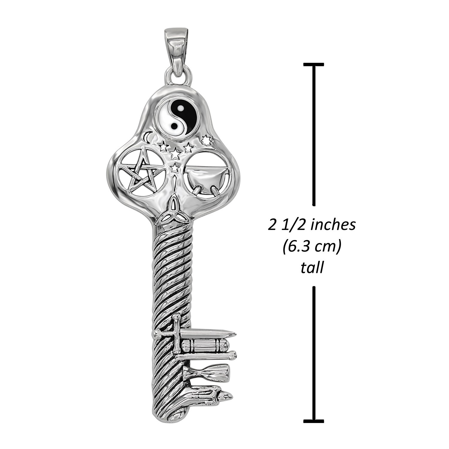 Witches Magic Key Pendant Yin Yang Pentacle Necklace 925 Sterling Silver