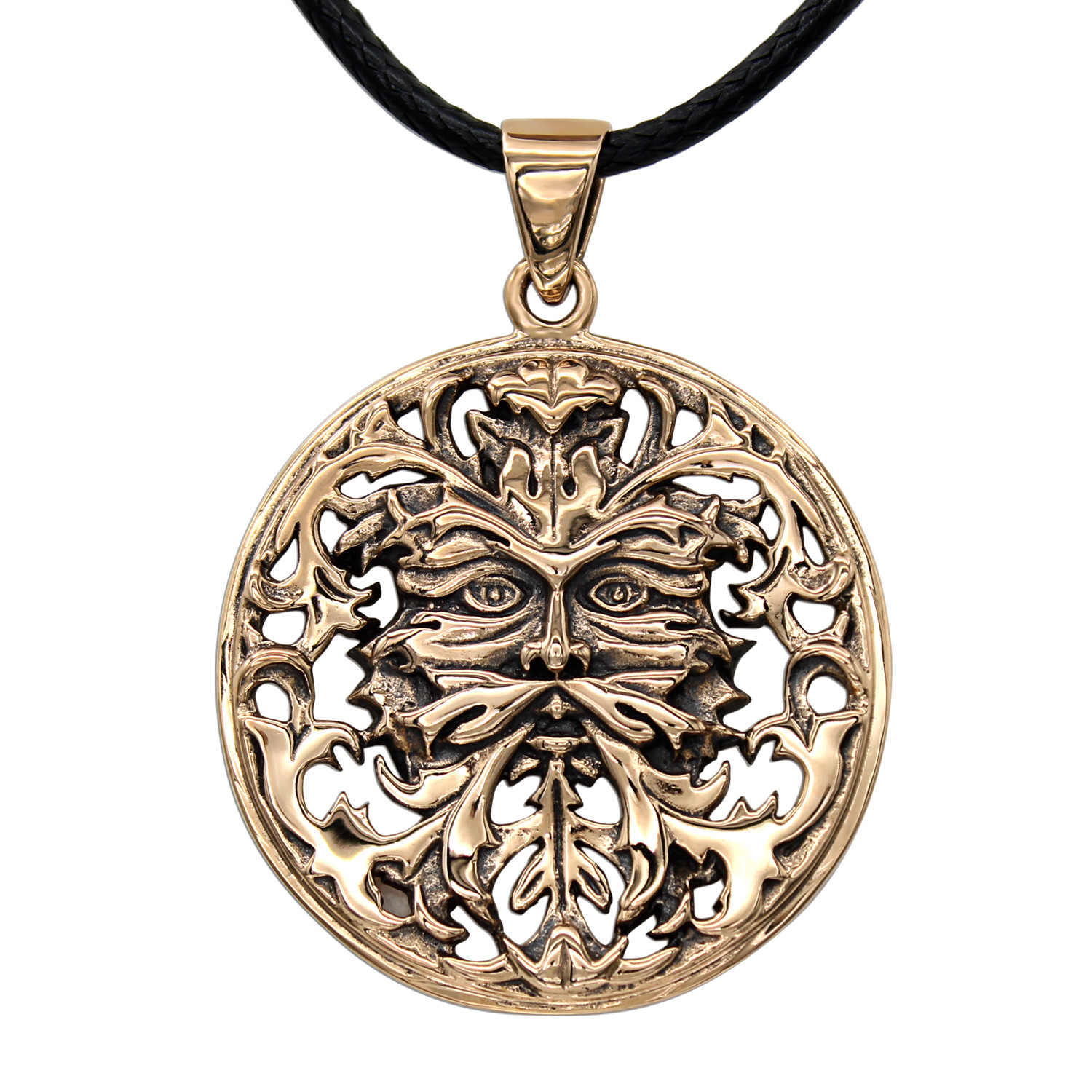 Green Man pendant in polished bronze at our online pagan jewelry store, featuring a highly detailed leafy face cutout design against a bright white background