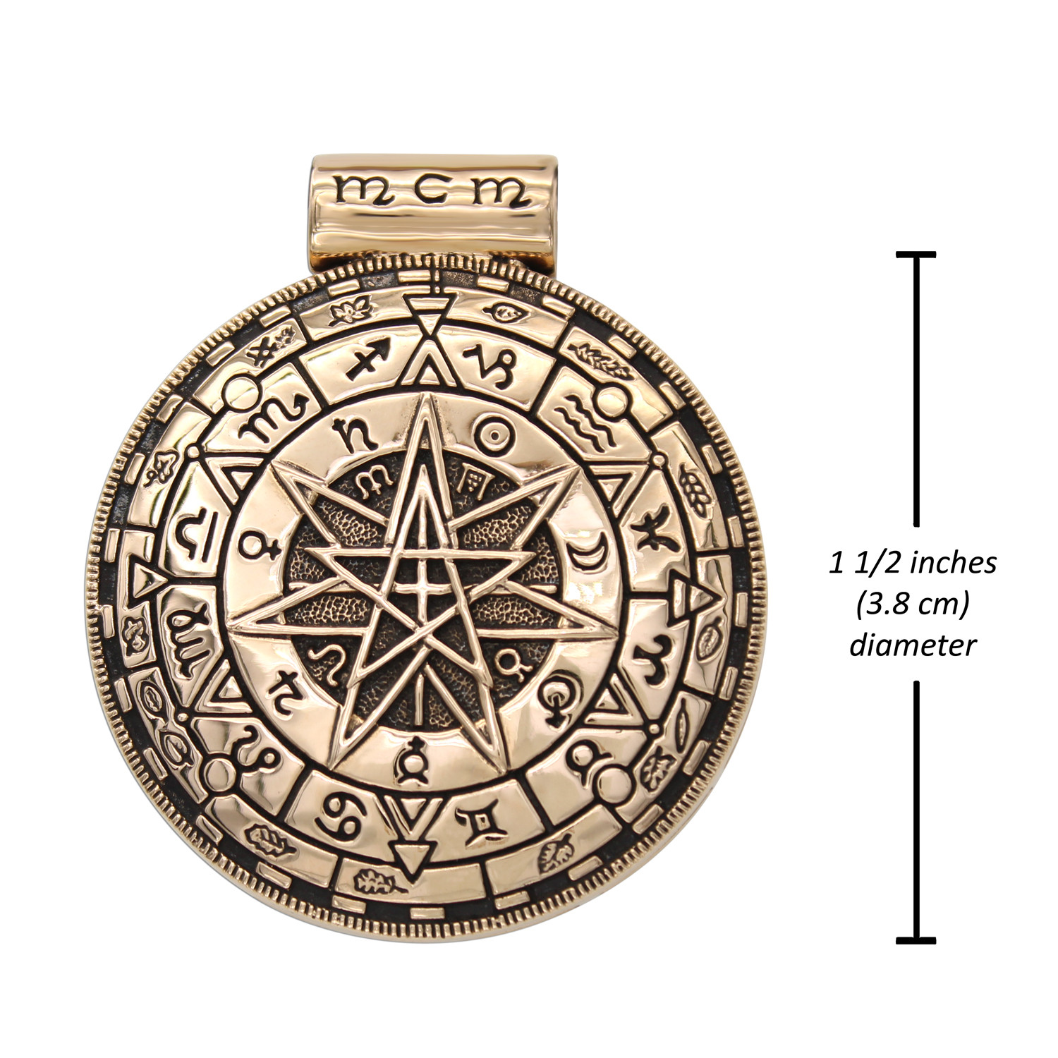 Large Magic Symbol Pendant showing a 1 1/2 inch (3.8 cm) diameter measurement, detailing the exact dimensions of this substantial gold-bronze zodiac piece