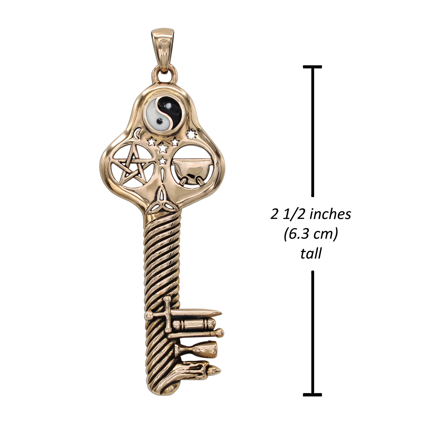 Magic key pendant showing a height measurement of 2 1/2 inches (6.3 cm) tall, detailing the impressive dimensions of this solid bronze witchcraft key