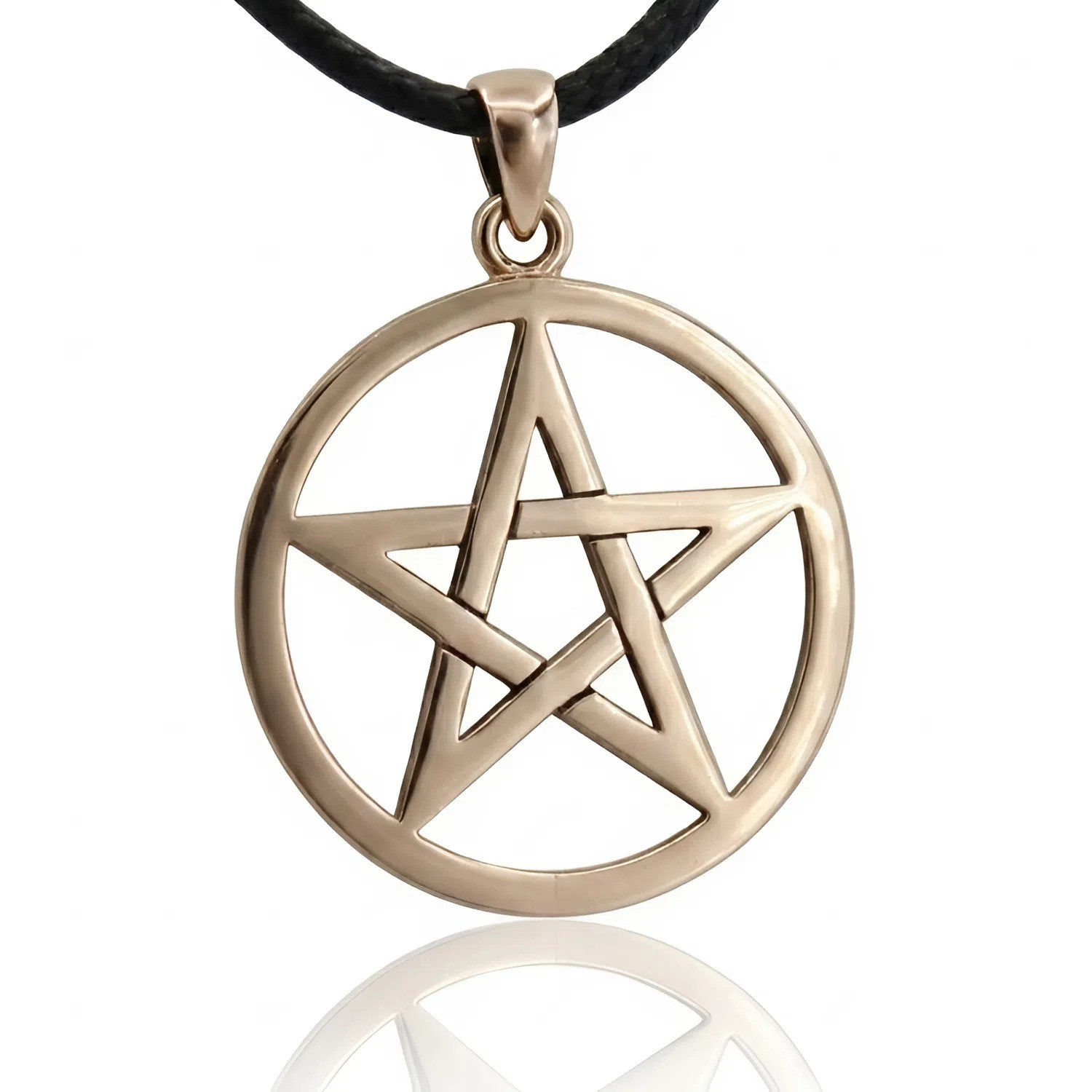 Bronze pentacle pendant featuring a polished gold pentagram design, hanging straight against a bright white background with a soft reflection