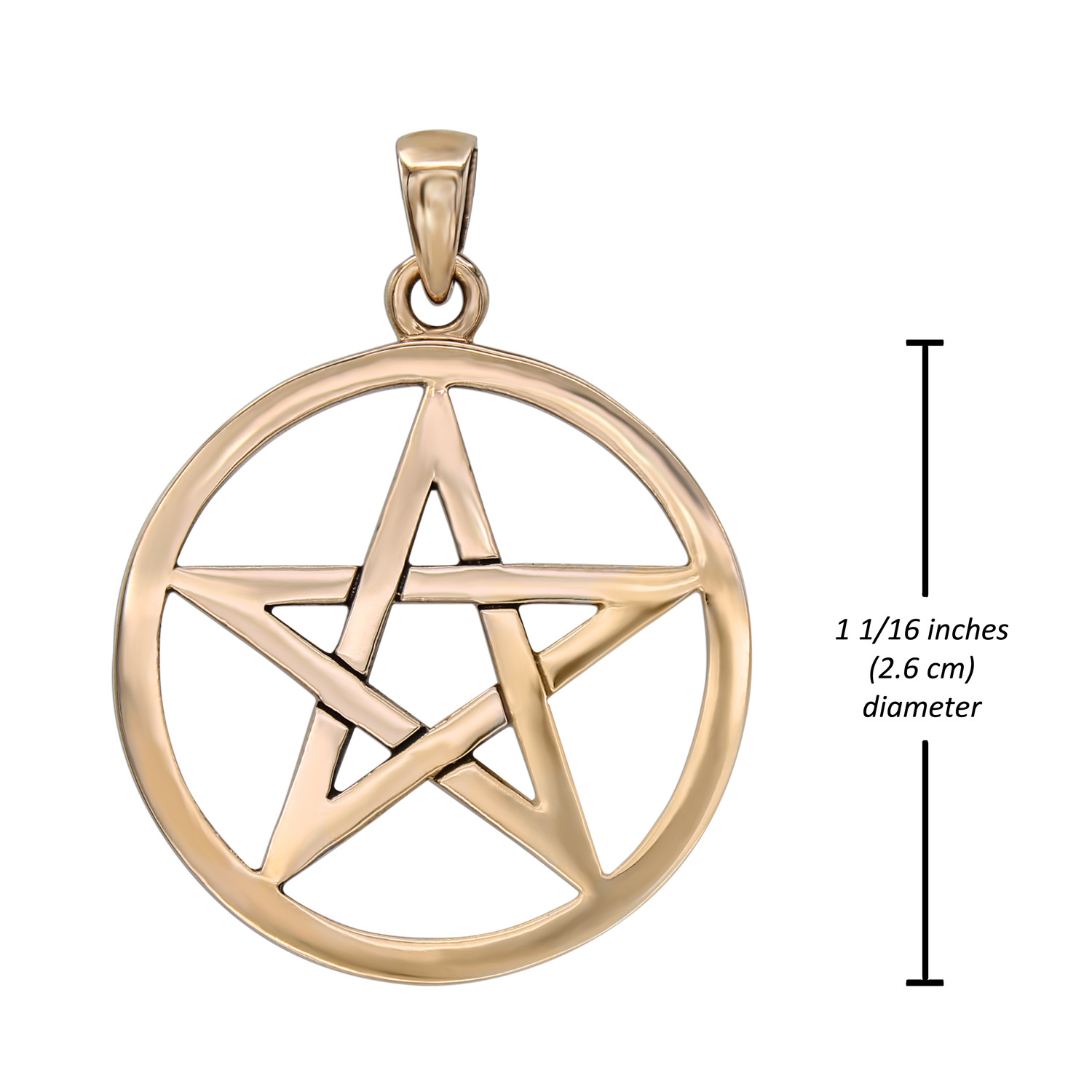 Large gold pentagram showing a 1 1/16 inch (2.6 cm) diameter measurement, detailing the exact dimensions of this bronze pentacle pendant