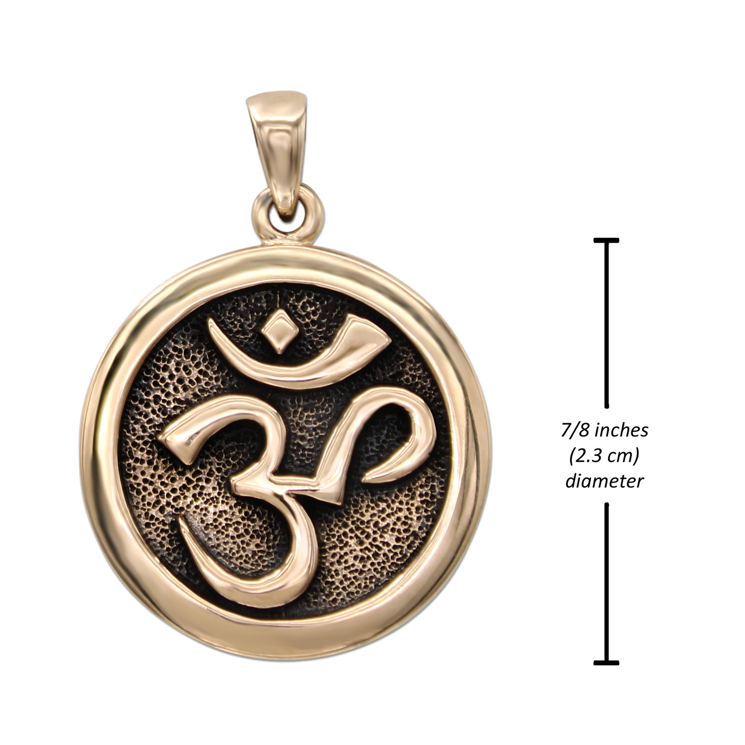 Buddhism amulet showing a 7/8 inch (2.3 cm) diameter measurement, detailing the exact dimensions of this solid bronze Om pendant