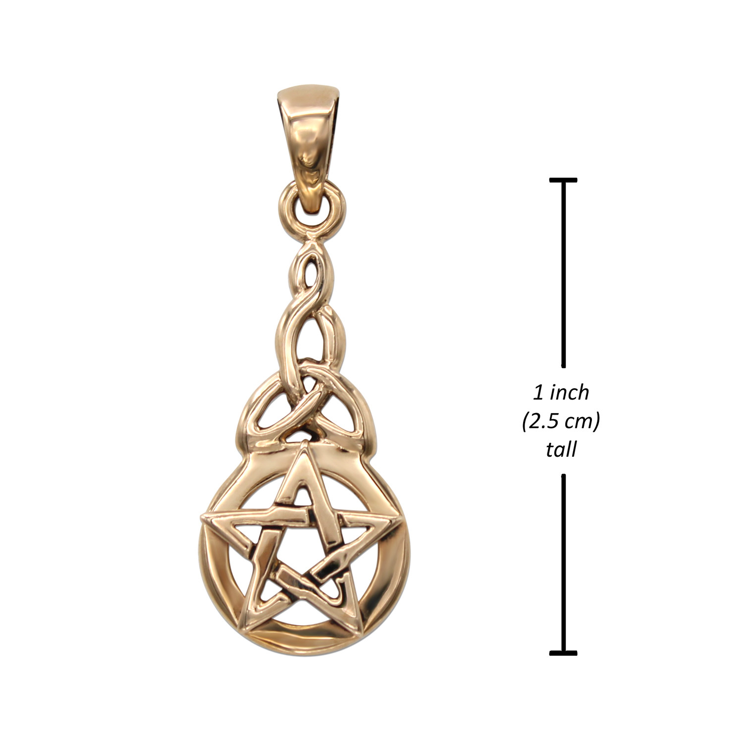 Triquetra pentacle pendant showing a height measurement of 1 inch (2.5 cm) tall, detailing the exact dimensions of this delicate piece of Wiccan jewelry