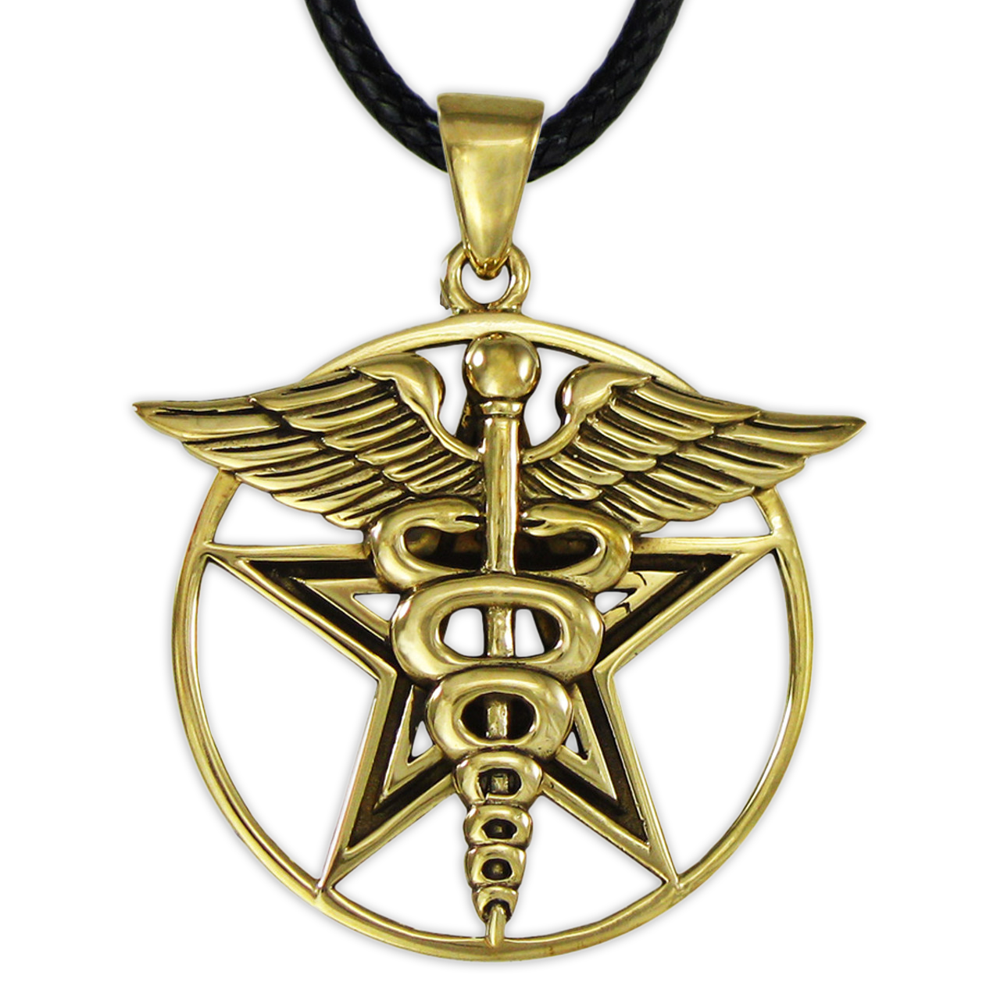 Bronze Caduceus Pentacle Pendant Wiccan Pagan Jewelry