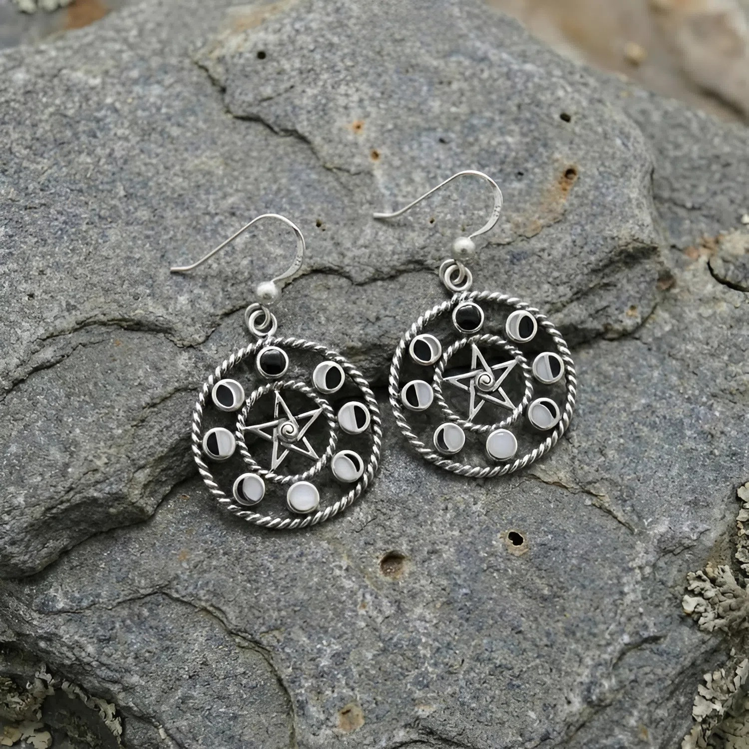 Large Sterling Silver Pentacle Pentagram Moon Phase Dangle Earrings