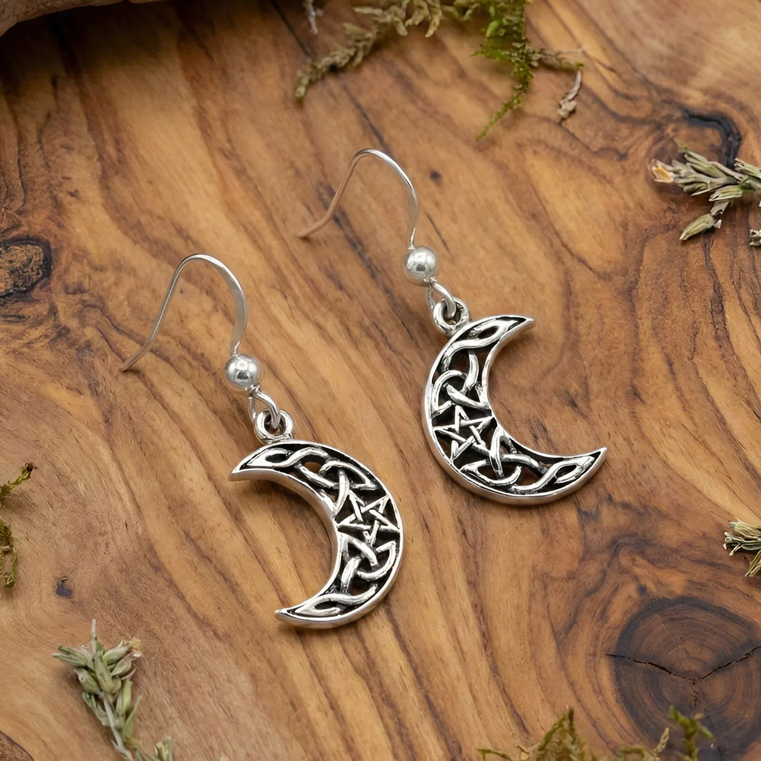 .925 Sterling Silver Celtic Moon and Star Earrings with Pentacle