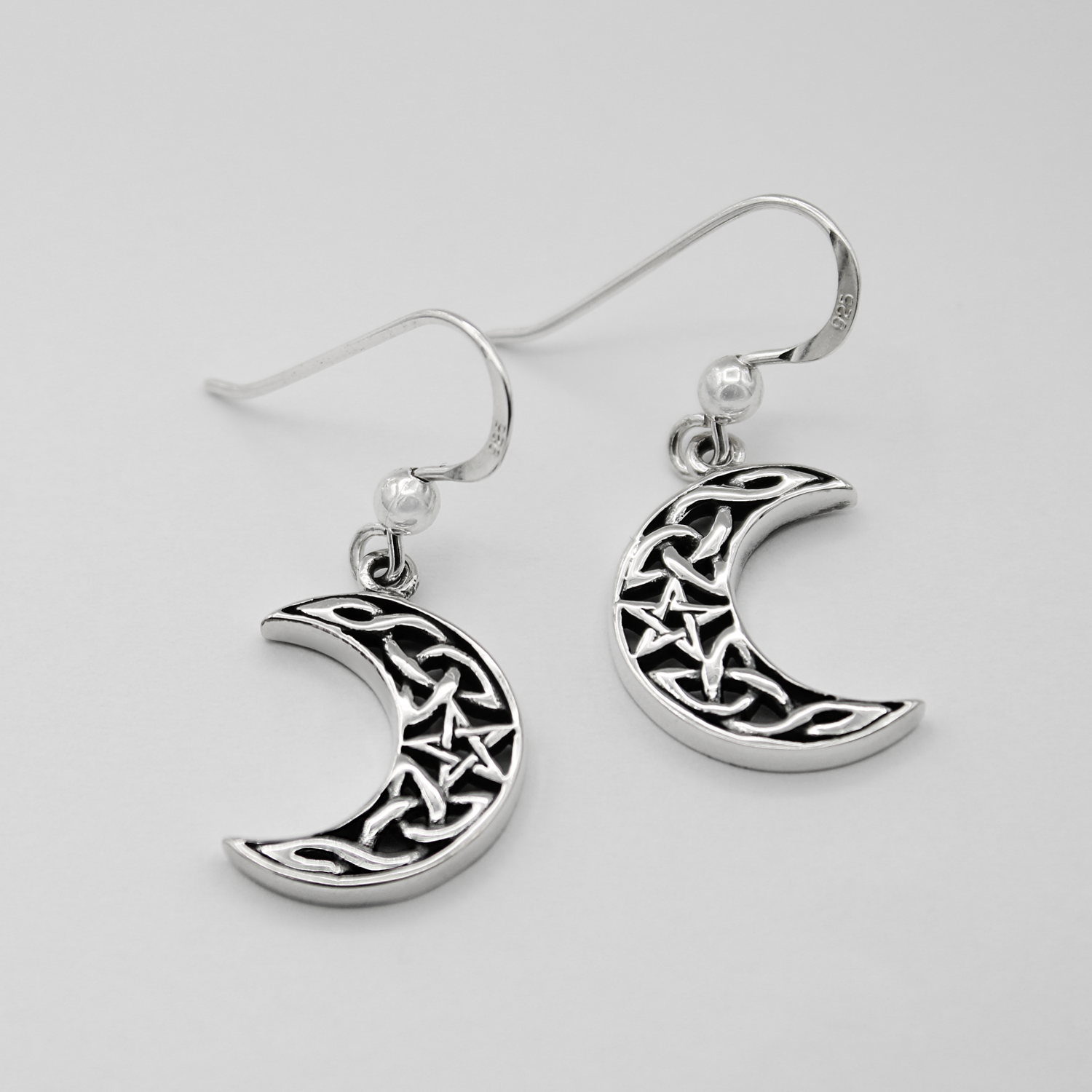 Crescent Moon Pentagram Dangle Earrings .925 Sterling Silver