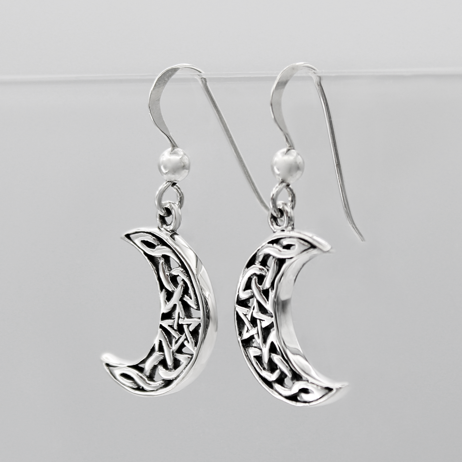 Sterling Silver Dangle Earrings Celtic Crescent Moon Shape with Star Center
