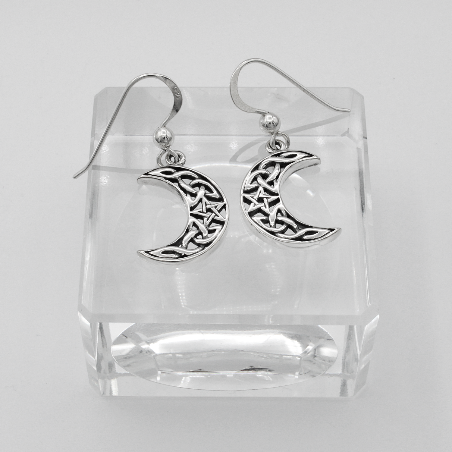 Silver Moon and Star Earrings with Celtic Knotwork and Pentacle Symbol