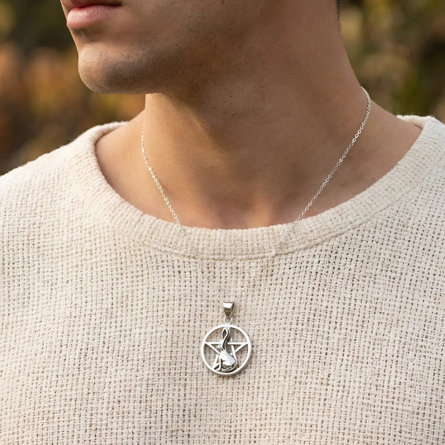 Wiccan Rabbit Necklace with a Silver Bunny Pentagram Amulet