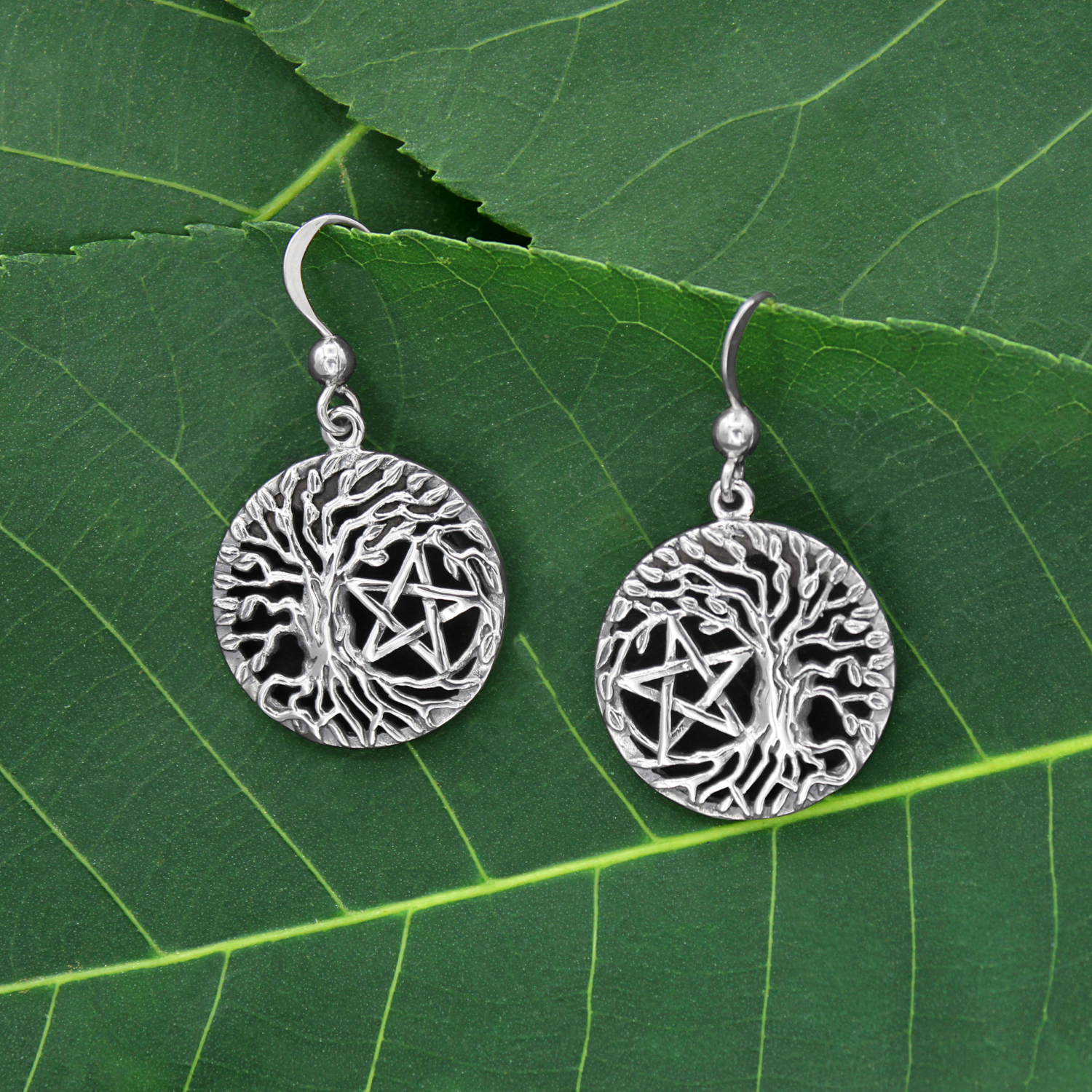 Sterling Silver Dangle Earrings Pagan Tree Design with Interwoven Pentacle Star