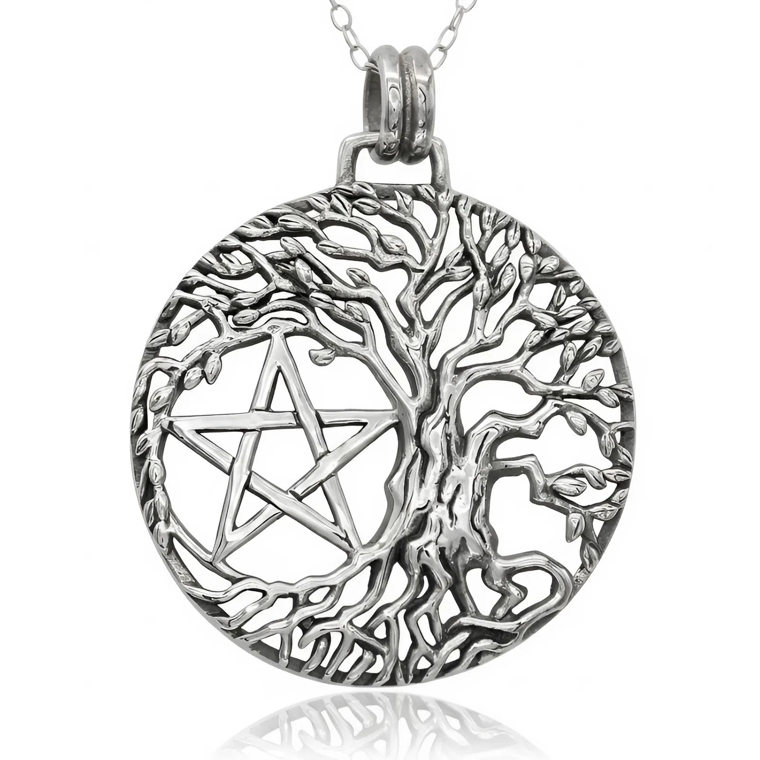 Tree of life pentagram pendant, a large sterling silver Wiccan necklace displayed against a bright white background