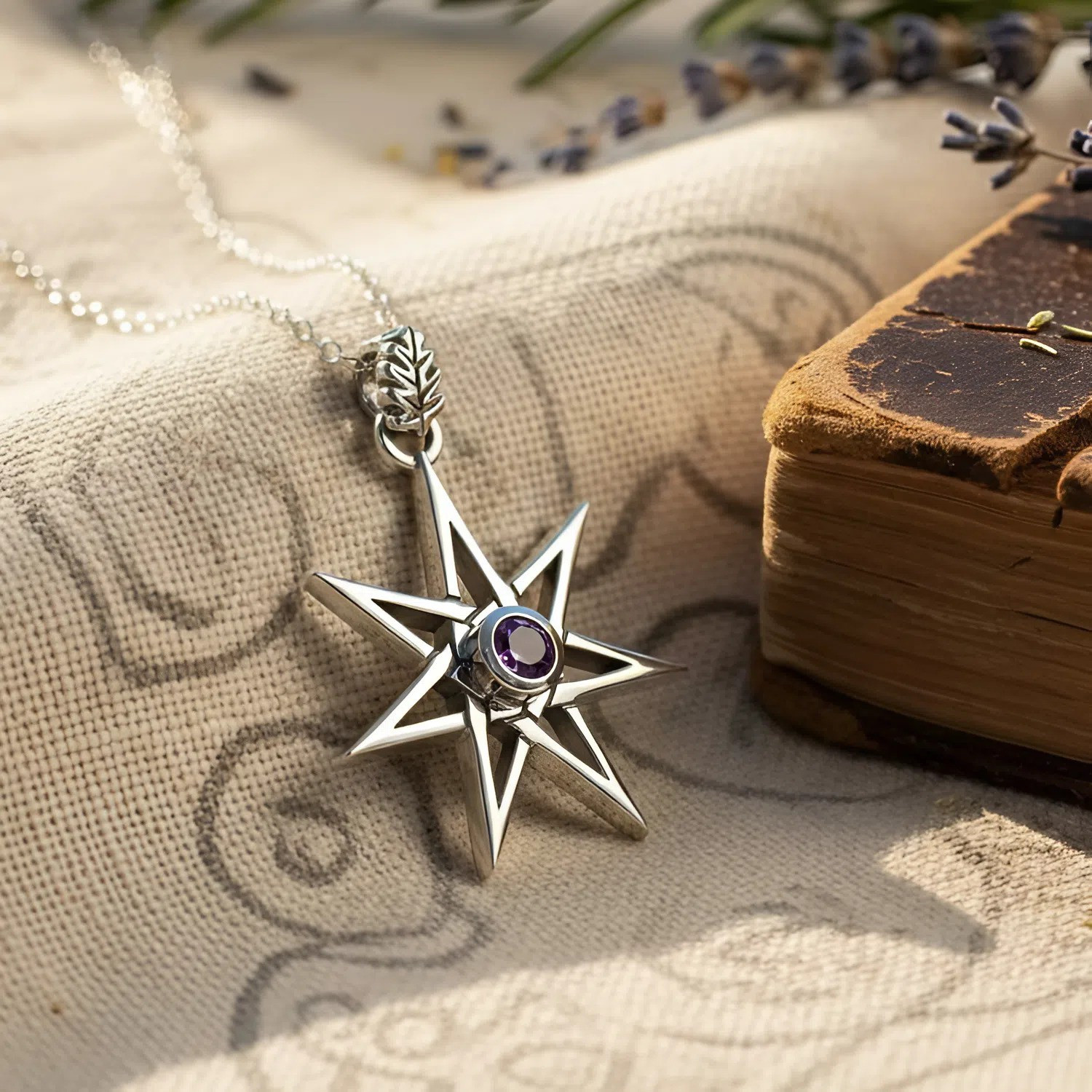 Fairy Star Pendant Necklace in .925 Sterling Silver with Amethyst Stone