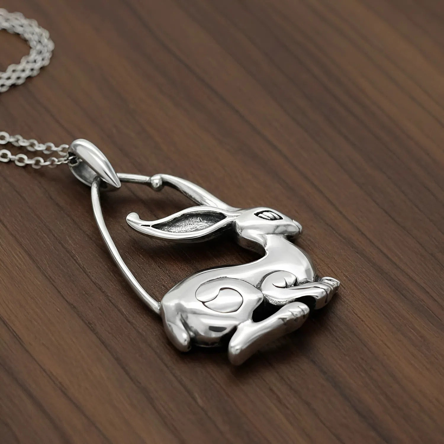 Bunny Hare Pendant Necklace Featuring a Modern Silver Rabbit Design