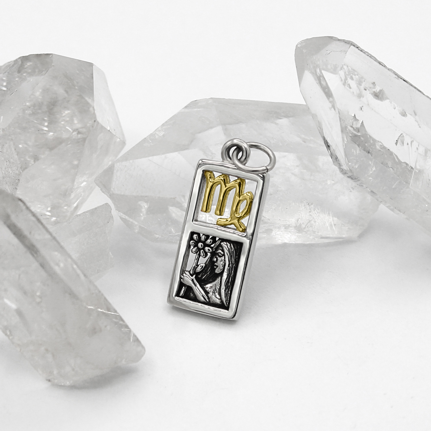 Virgo charm and pendant at our witchcraft jewelry shop in .925 sterling silver with a 14k gold vermeil astrological sign in a rectangular frame
