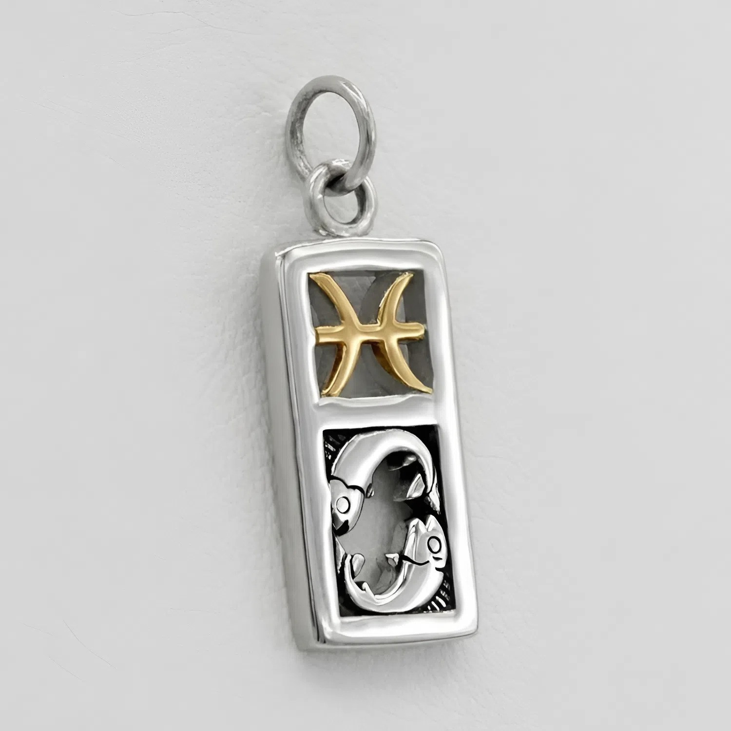 Angled flat lay of a Pisces horoscope charm, emphasizing the contrast between the smooth silver frame and the gold accents