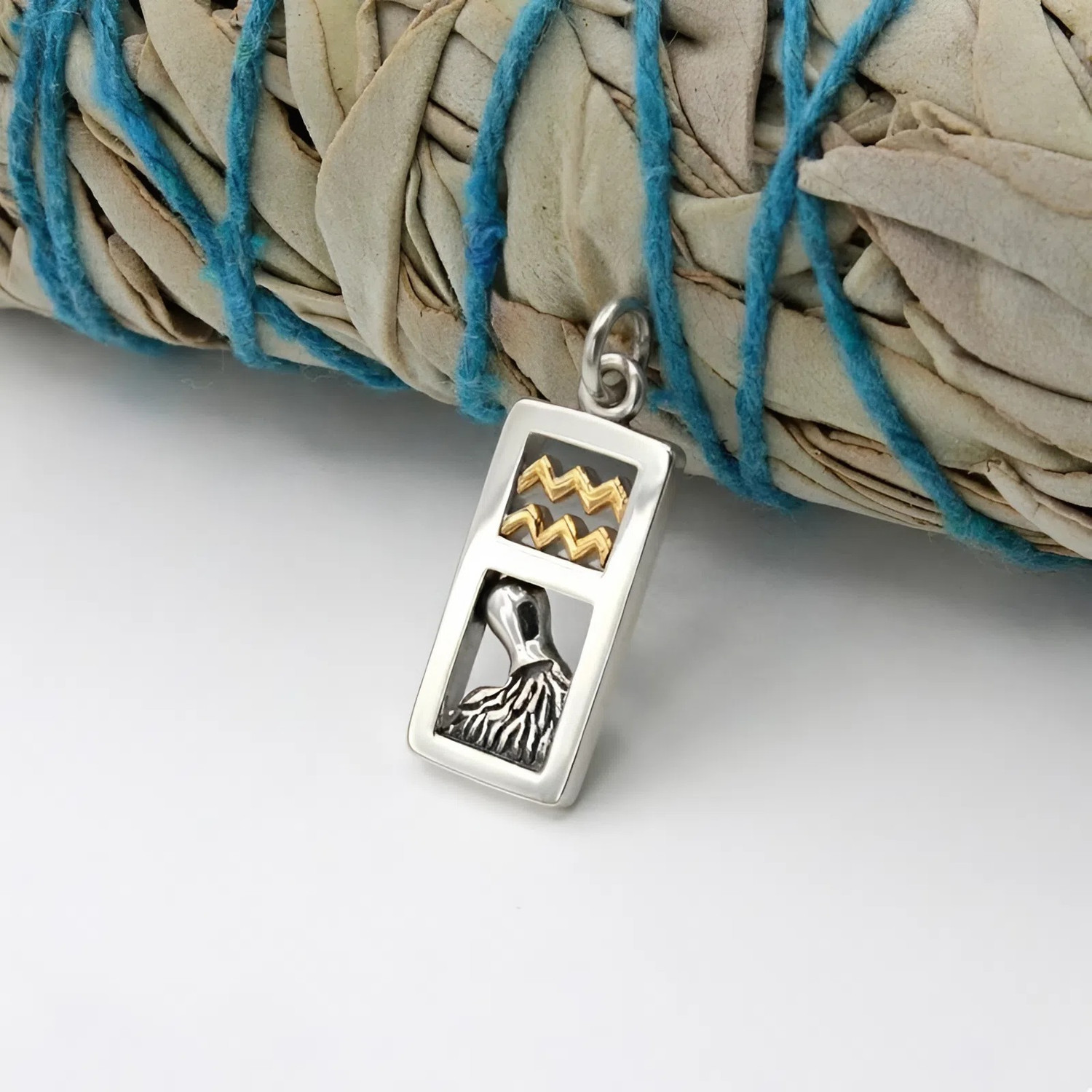 Close-up of an Aquarius zodiac pendant resting on a dark wood surface, highlighting the polished silver and gold details