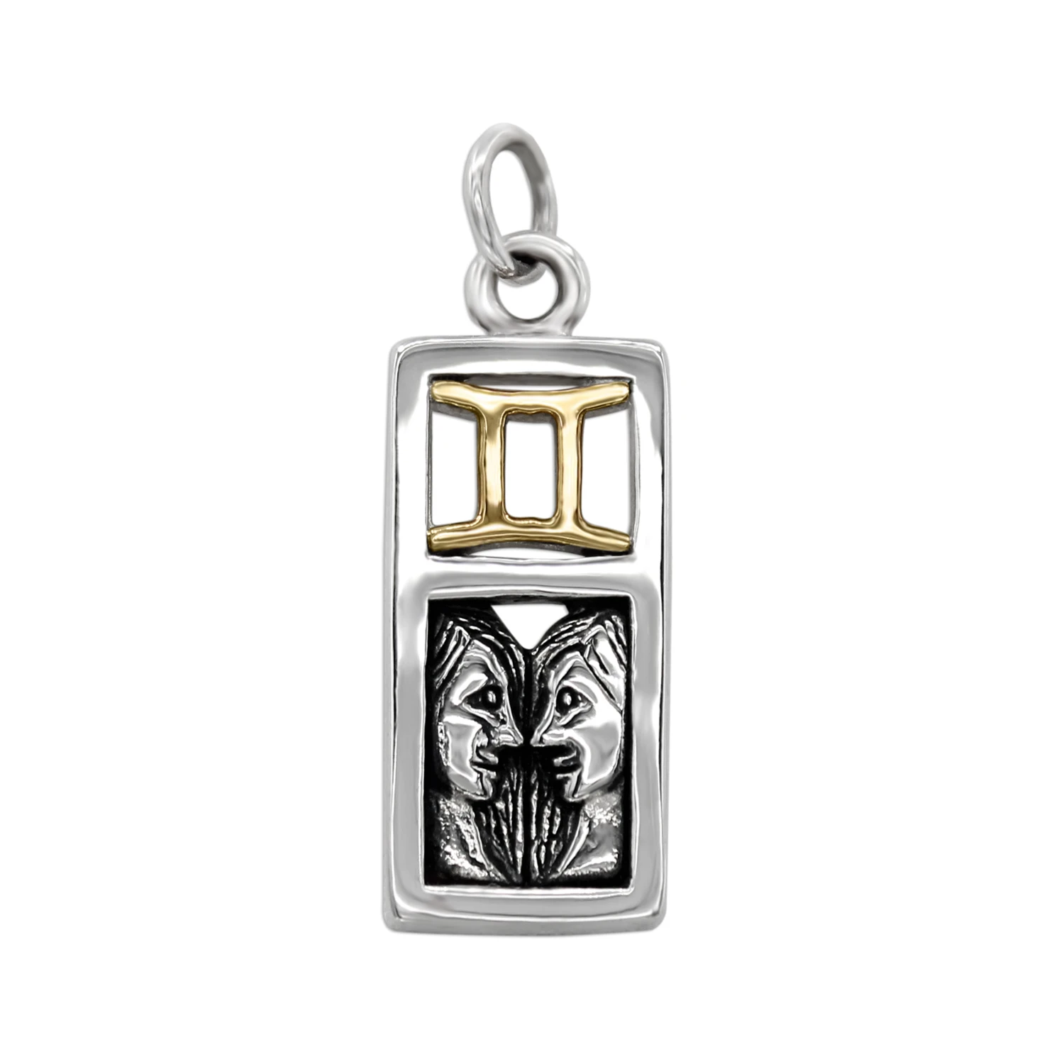 Gemini charm necklace featuring a rectangular .925 sterling silver pendant with a gold vermeil zodiac symbol and two detailed silver faces representing the twins