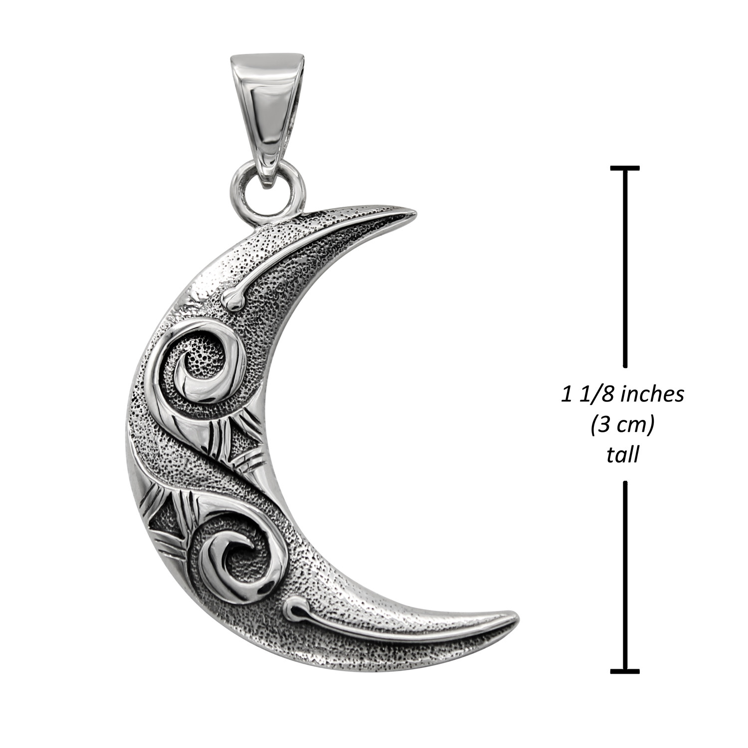 Large crescent moon pendant measurement guide showing this .925 sterling silver modern moon pendant stands at 1 1/8 inches (3 cm) tall
