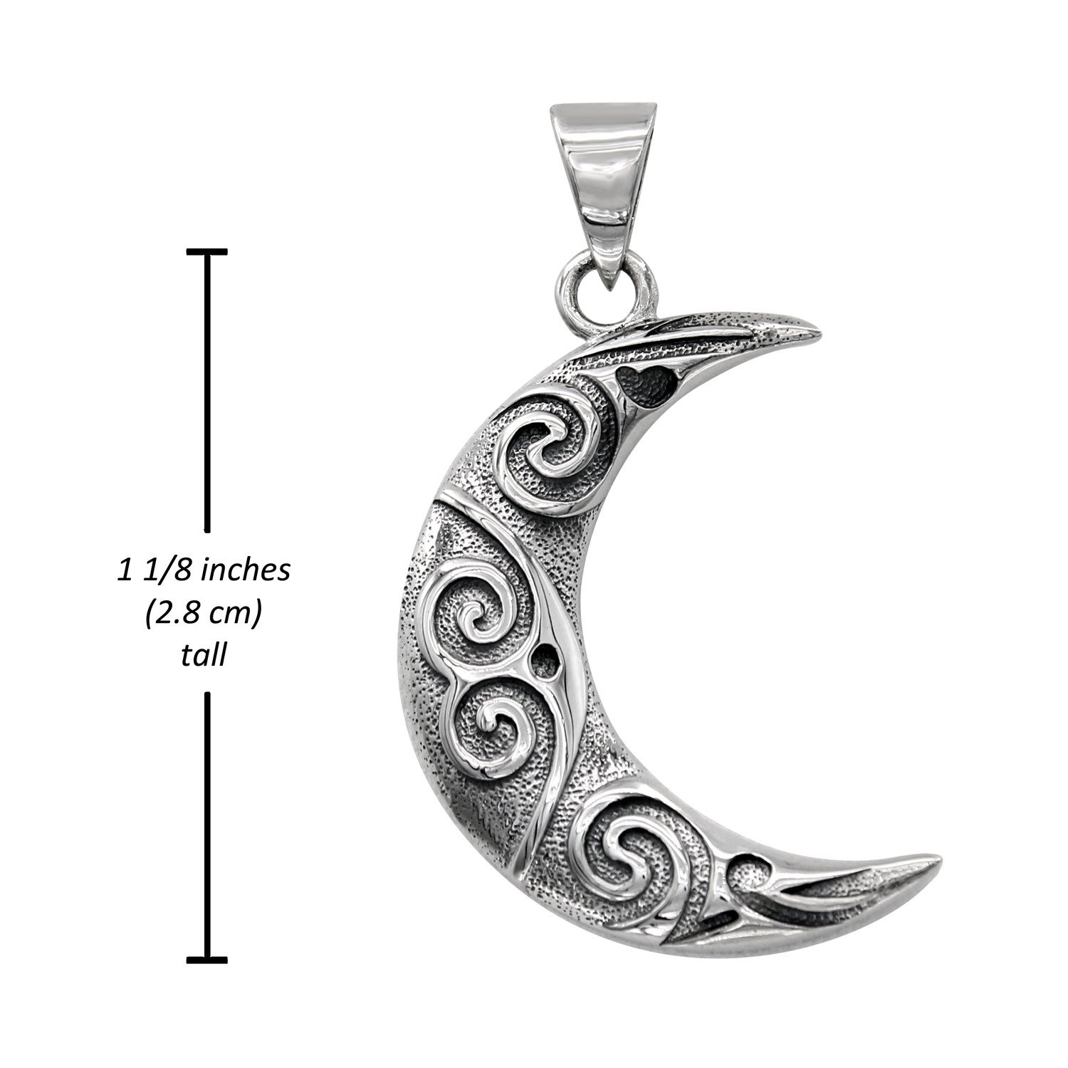 Measurement guide for the oxidized sterling silver moon pendant, showing this crescent moon and stylized moon necklace stands at 1 1/8 inches (2.8 cm) tall
