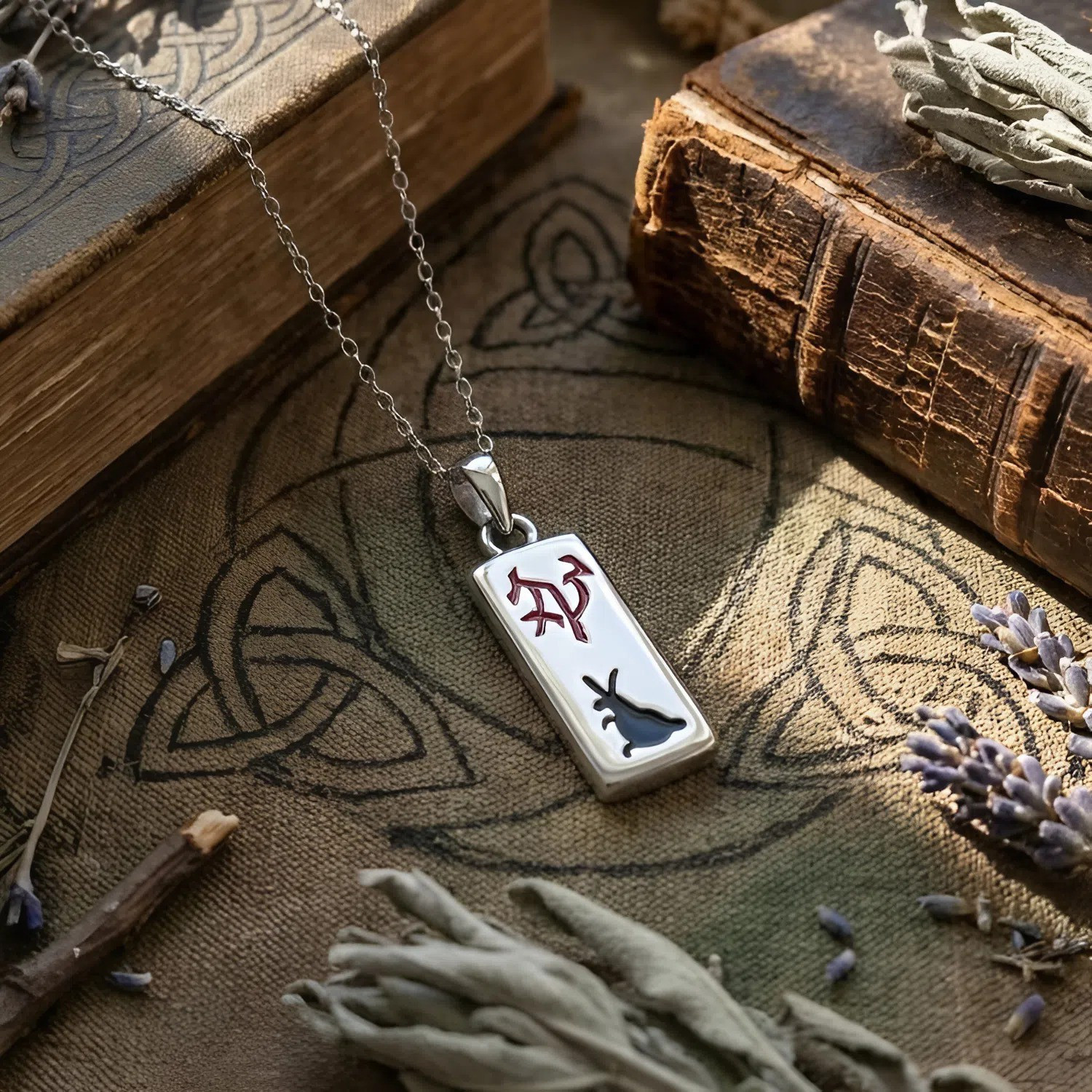 Silver Rectangular Chinese Zodiac Rabbit Amulet Necklace