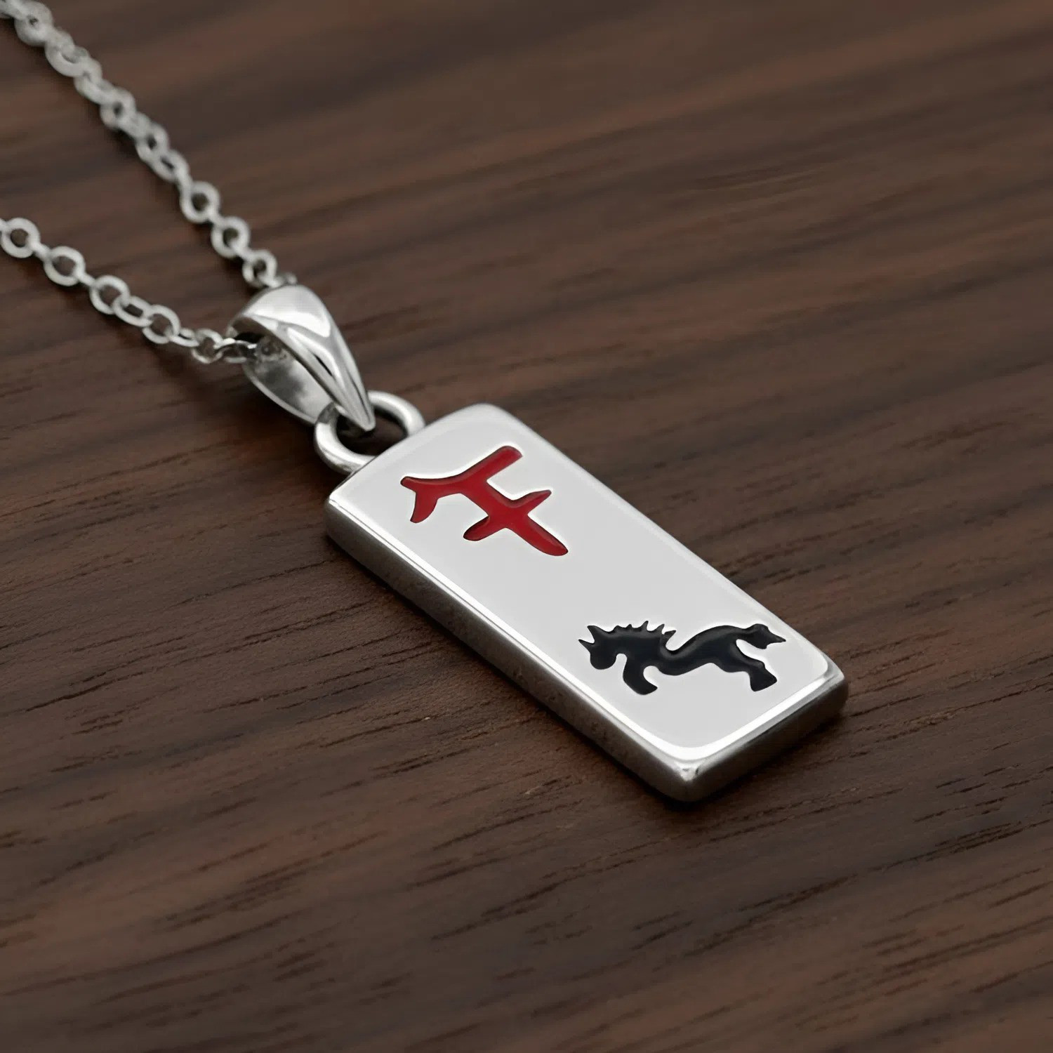 Chinese Zodiac Horse Pendant in Sterling Silver with Red Symbol Necklace