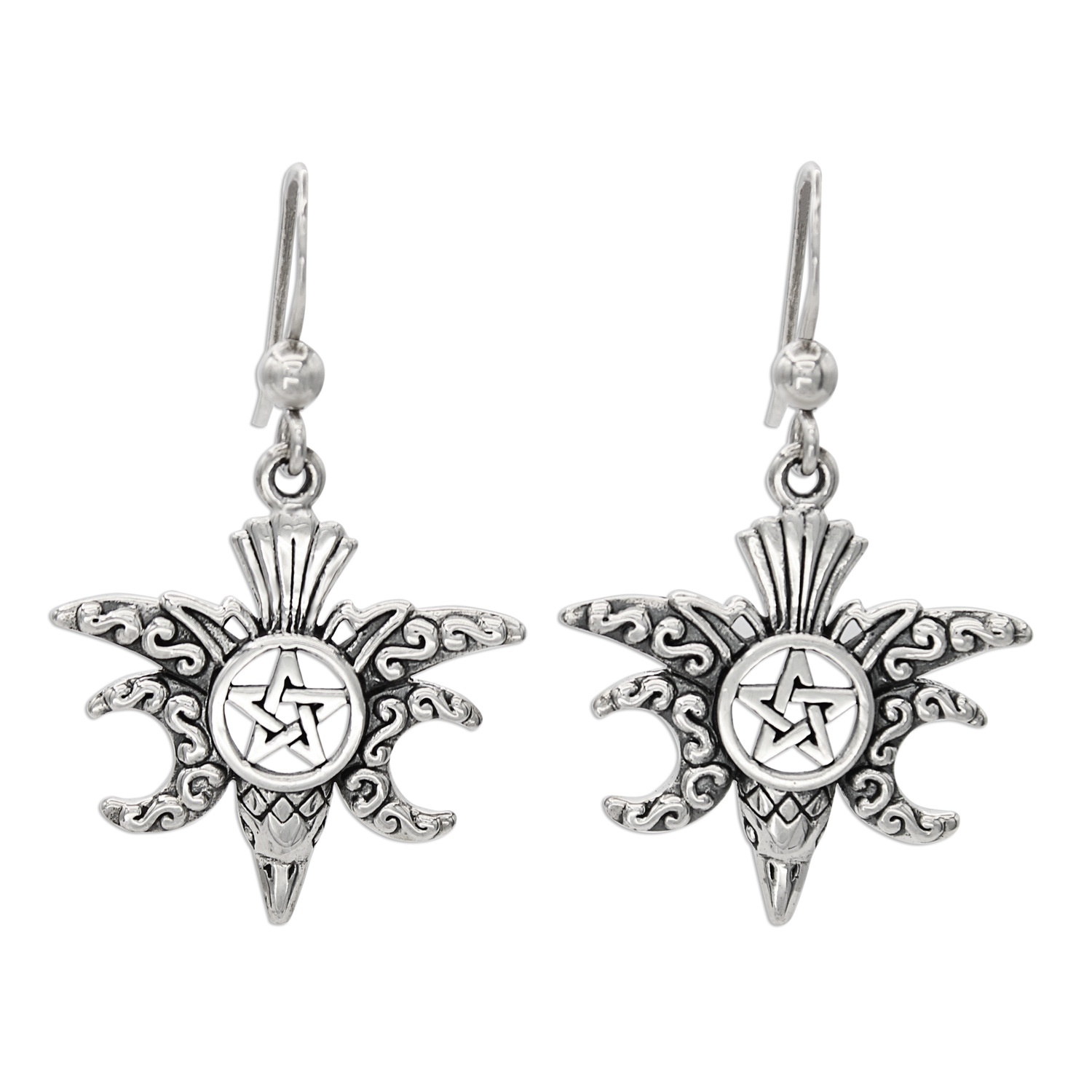 Pagan Witch Jewelry Sterling Silver Raven Pentacle Earrings for Wiccan Rituals