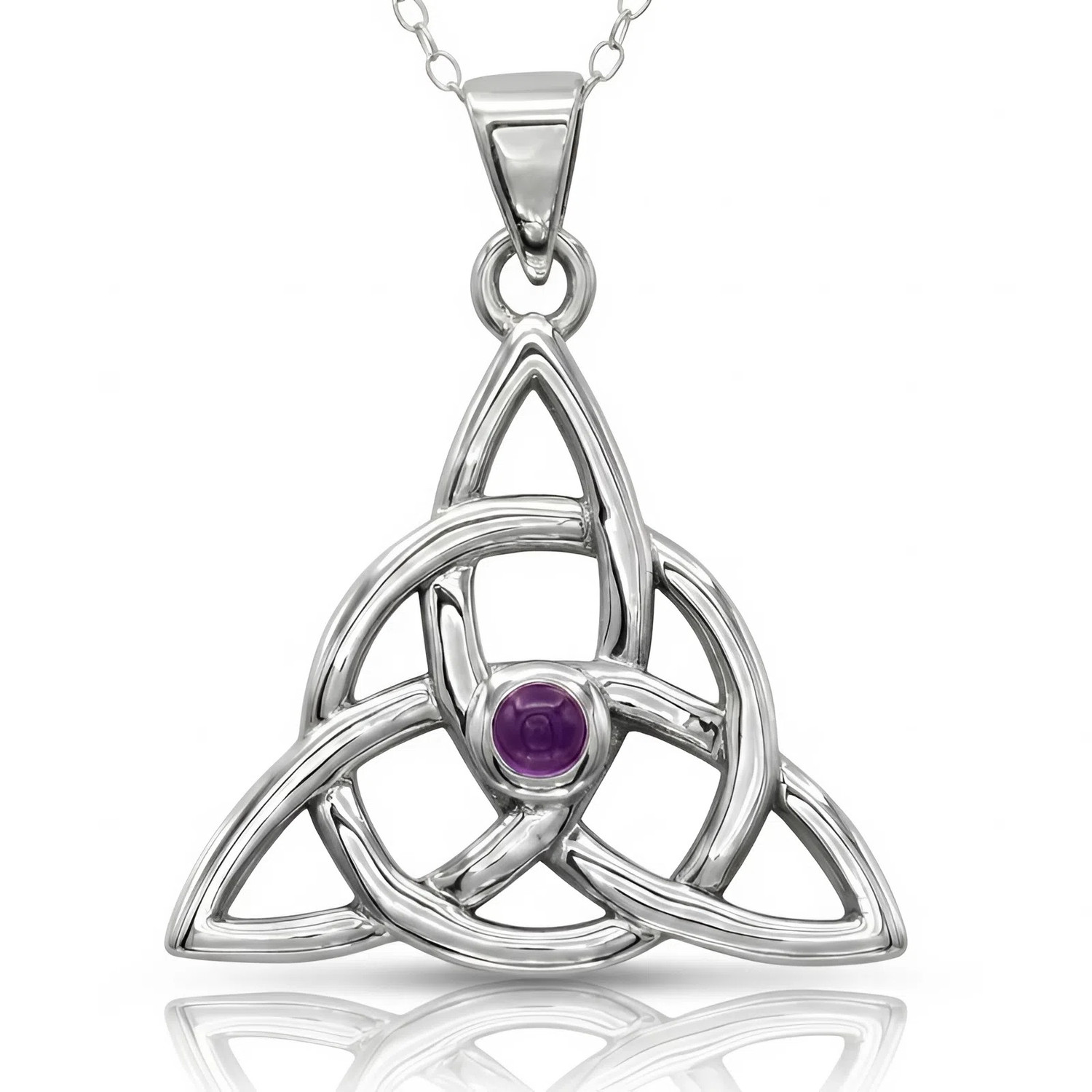 Triquetra Necklace and Celtic Trinity Knot Pendant crafted in solid .925 sterling silver, featuring a central purple amethyst gemstone