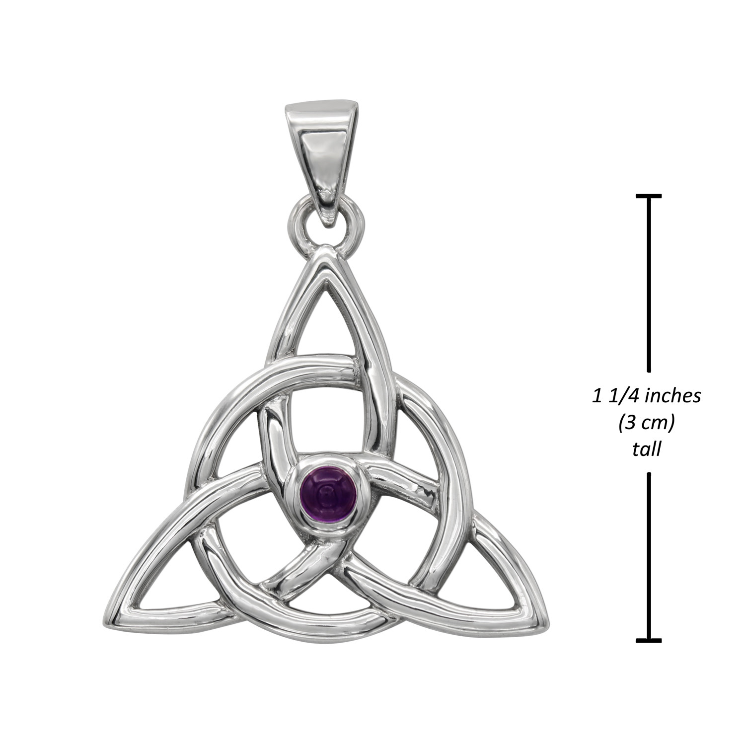 Celtic Triquetra Pendant measurement guide indicating this .925 sterling silver Trinity Knot Necklace with an amethyst gemstone stands at 1 1/4 inches (3.1 cm) tall