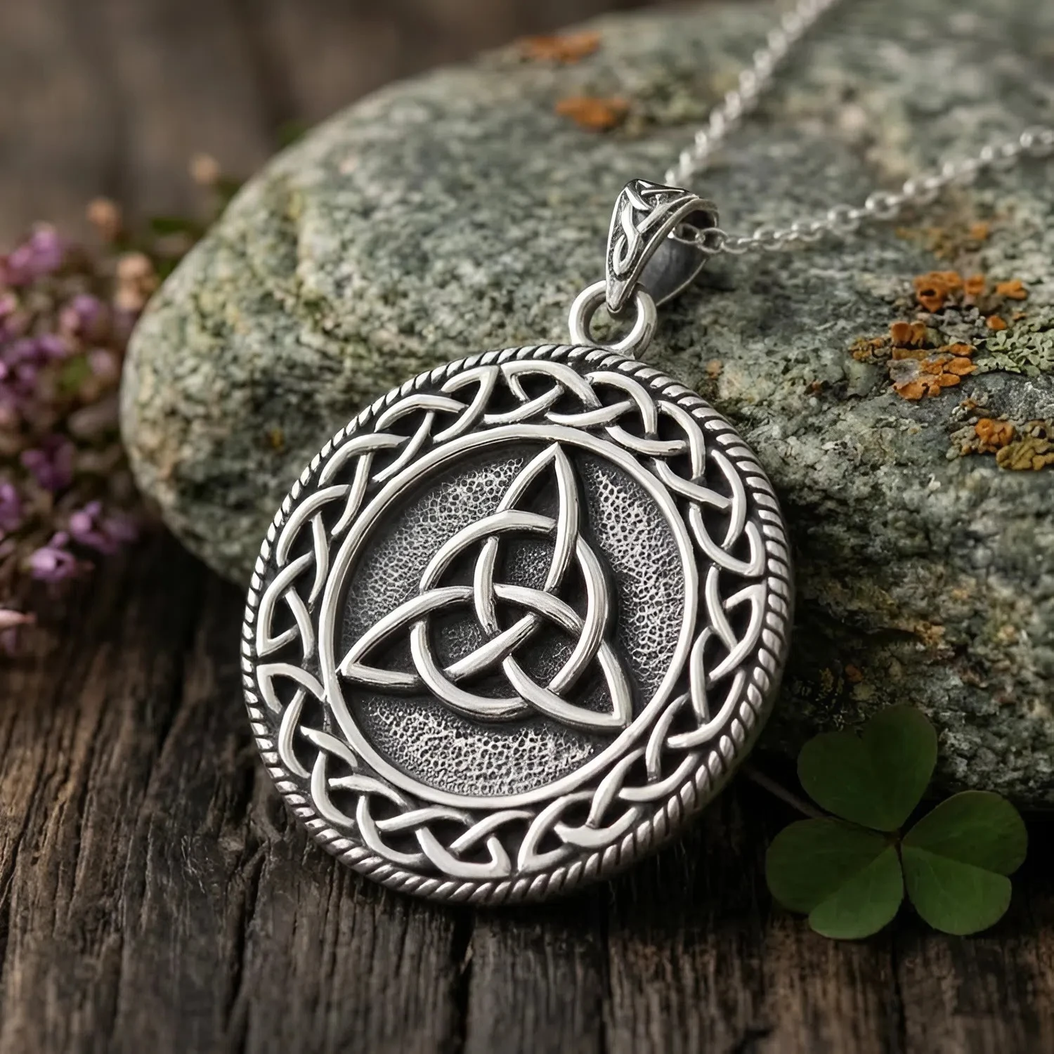 Large triquetra pendant resting on a natural stone at our Wicca jewelry store, a rugged Triquetra Necklace for men crafted as a Celtic protection amulet in solid .925 sterling silver
