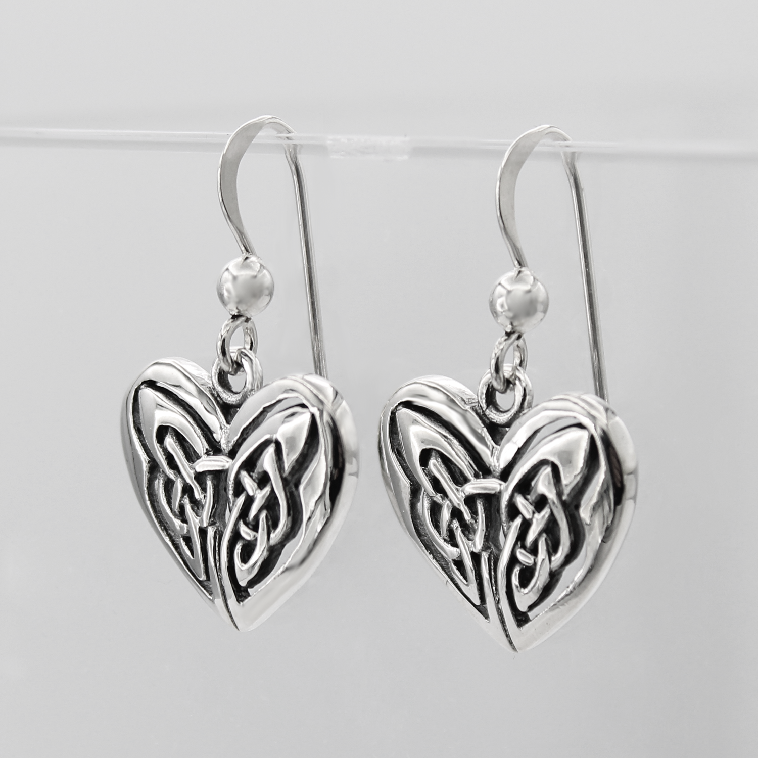 Small Silver Dangle Earrings Heart Shaped with Celtic Interlace Pattern