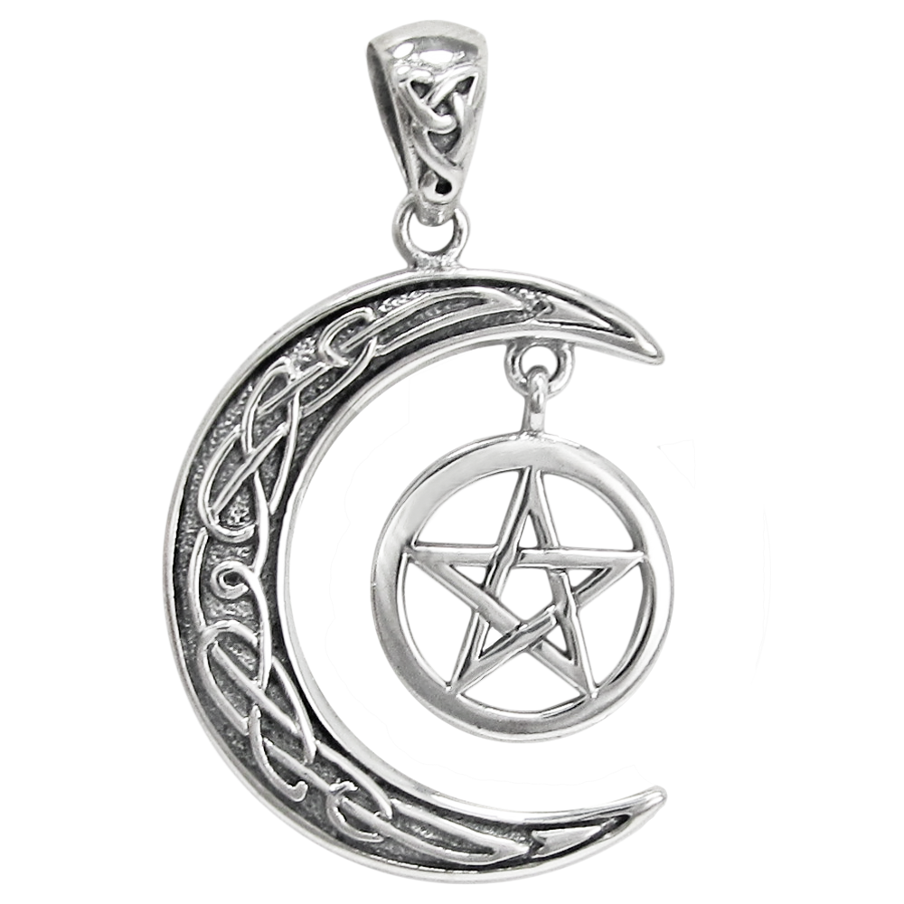 Sterling Silver Crescent Moon Pentacle Pendant with Celtic Knotwork