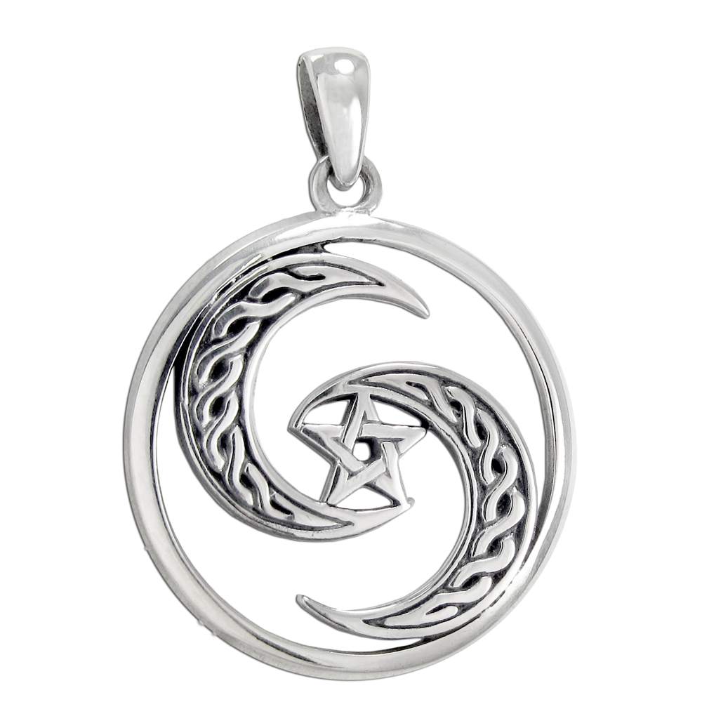 Sterling Silver Crescent Moon Pentagram Spiral Pendant
