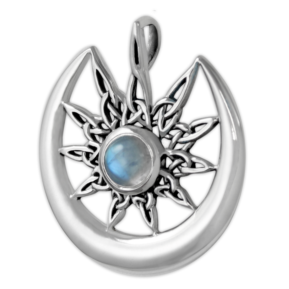 Sterling Silver Sun Burst and Crescent Moon with Rainbow Moonstone (PS-TPD-4233-RM