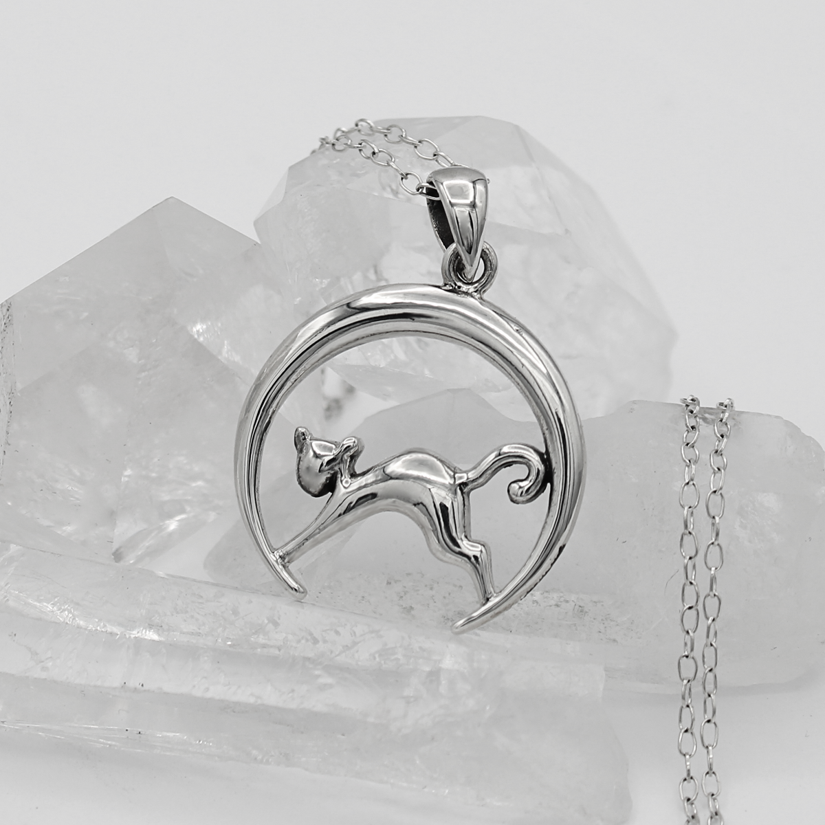 The Lunar Cat Metaphysical Jewelry Familiar Necklace Crescent Moon Cat Pendant Witchy Cat