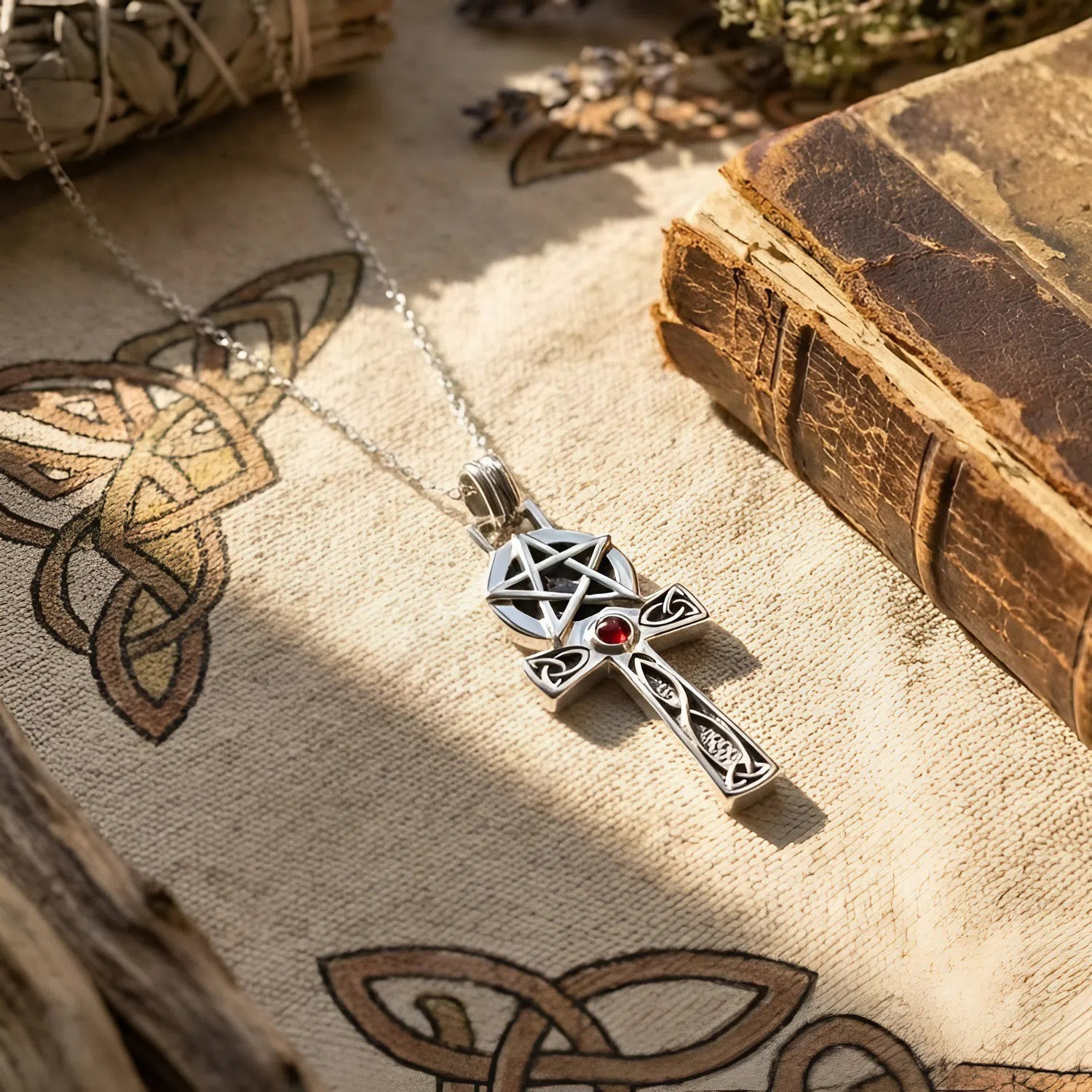 Ankh Pentacle Necklace | Sterling Silver & Garnet - Moonlight