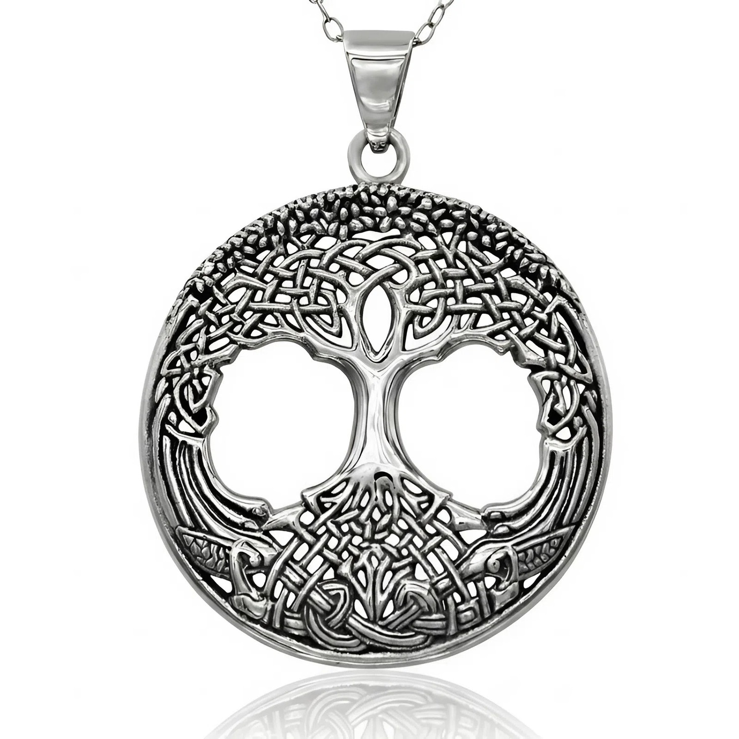 Tree of life necklace, a stunning piece of sterling silver Celtic pagan jewelry displayed straight on against a bright white background
