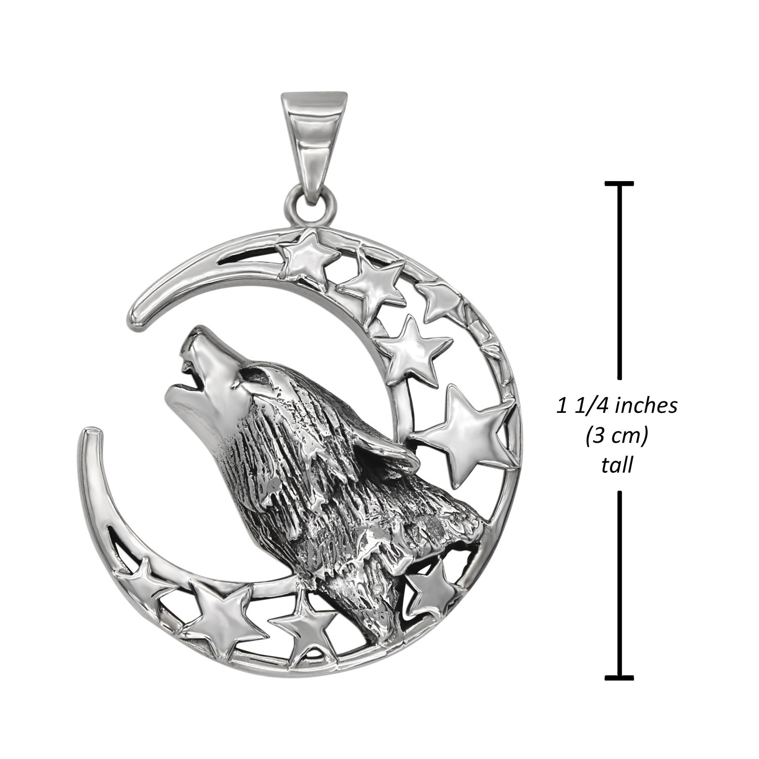 Sterling Silver Wolf Necklace Howling Moon and Stars Amulet