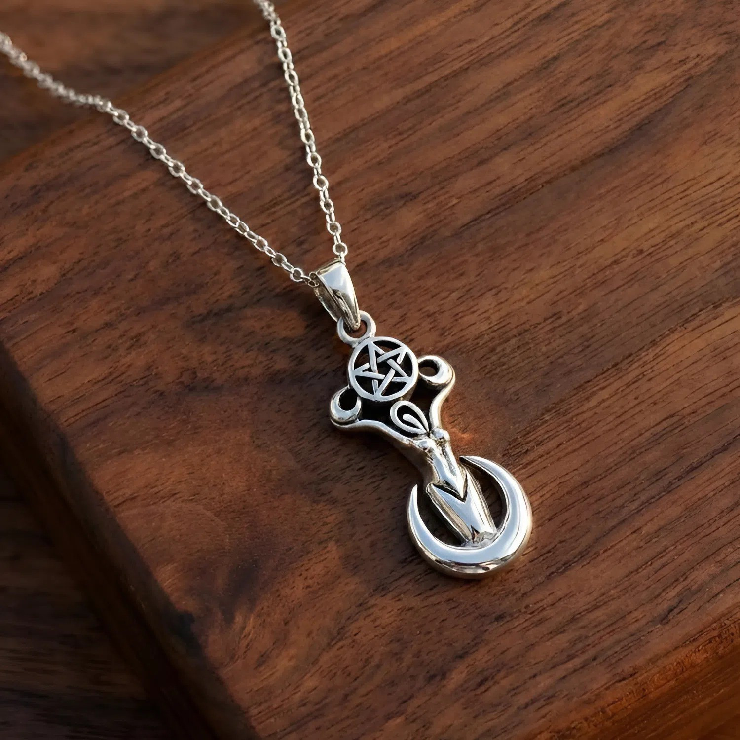 Moon Goddess Sterling Silver Pentacle Pendant Necklace