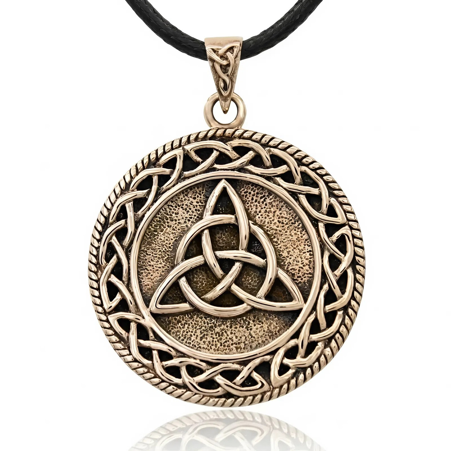 Large bronze triquetra pendant at our Celtic pagan jewelry store in a polished gold tone, featuring a Celtic trinity knot over a stippled background