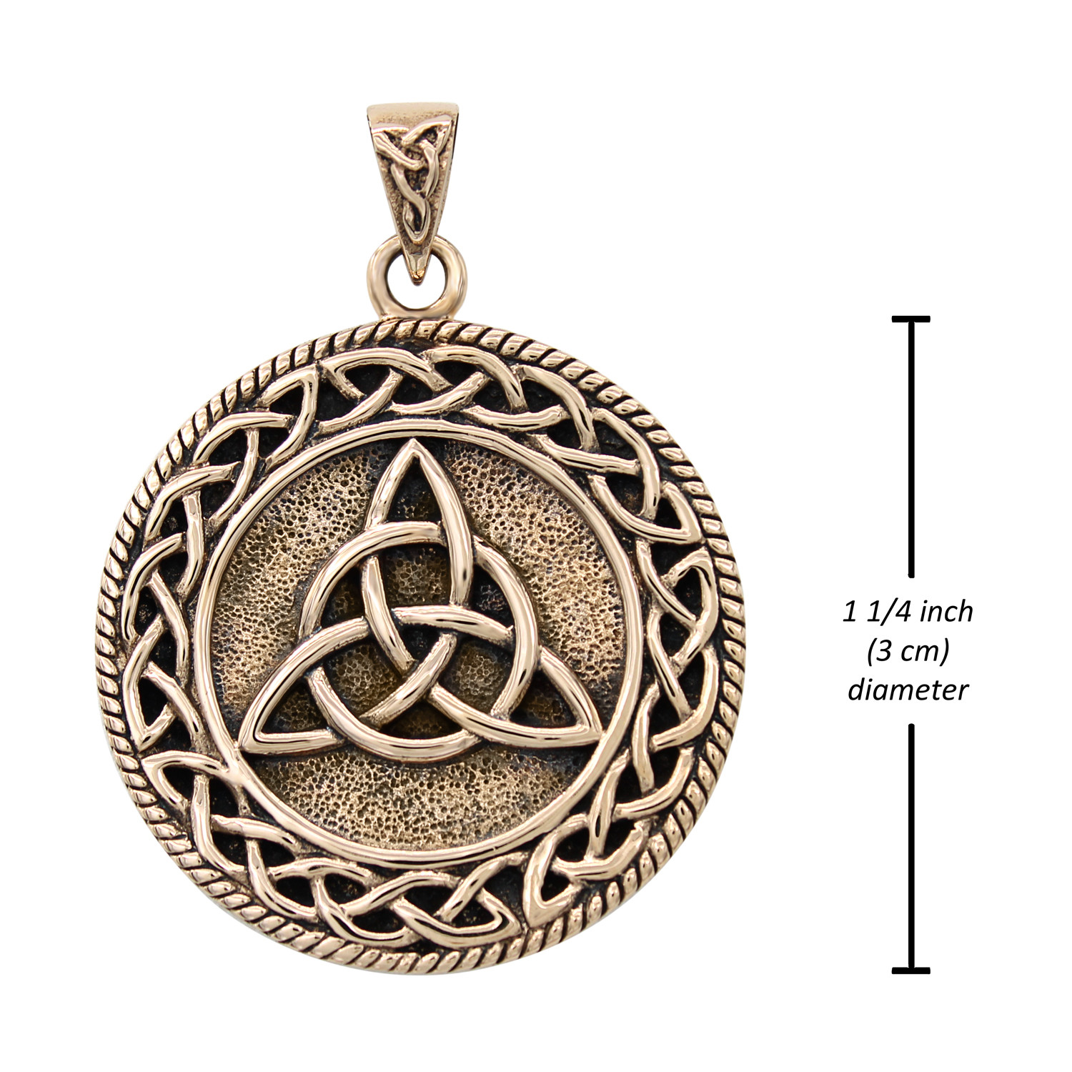Large bronze triquetra pendant showing a 1 1/4 inch (3 cm) diameter measurement, detailing the exact dimensions of this solid Irish Celtic amulet
