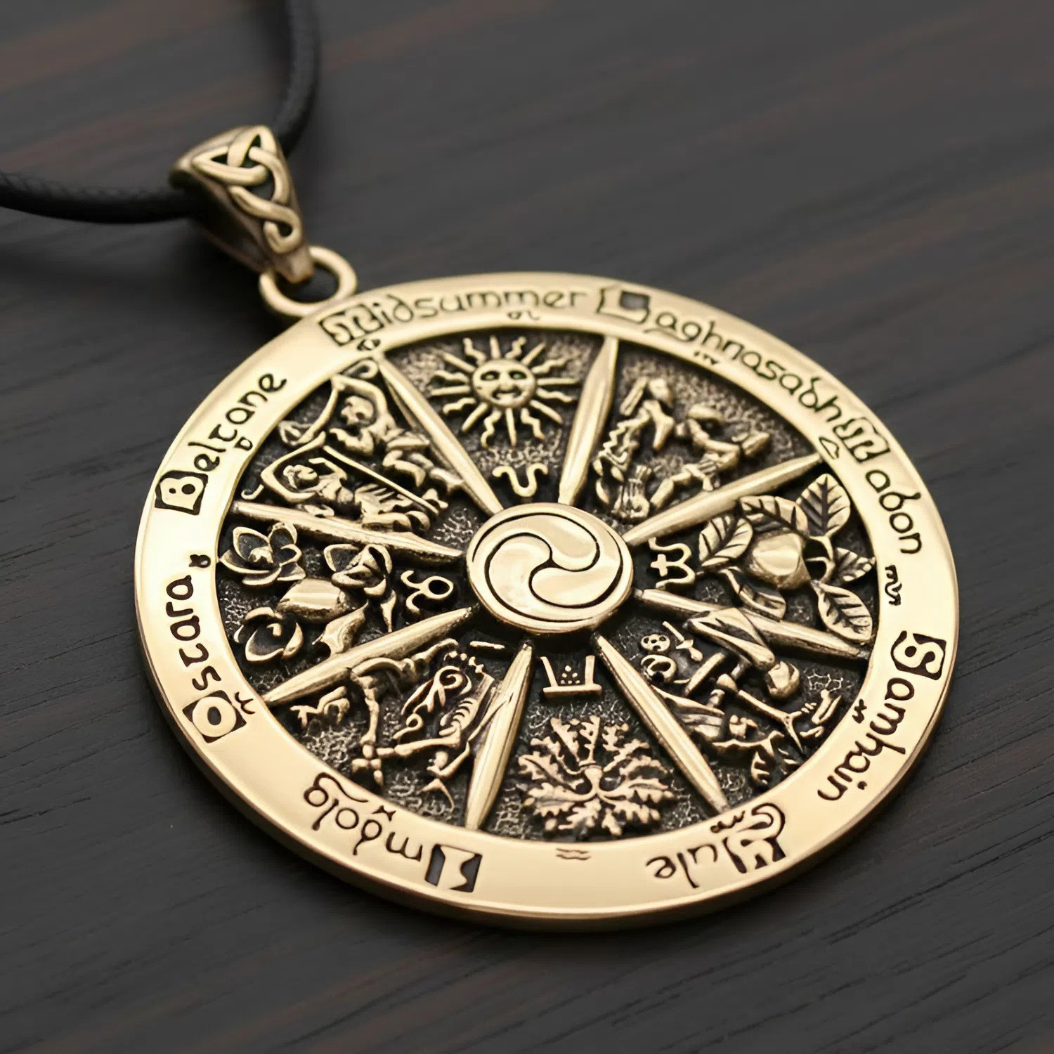 Wheel of the Year Pendant depicts the Wheel of the Year, the cyclical calendar of seasonal festivals celebrated in Pagan and Wiccan traditions.