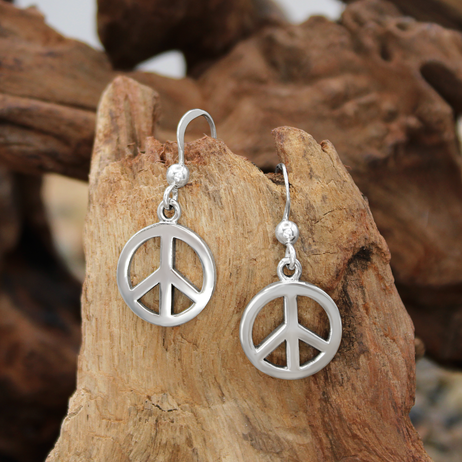 Peace Sign Dangle Hook Earrings - Sterling Silver Boho Gift Jewelry